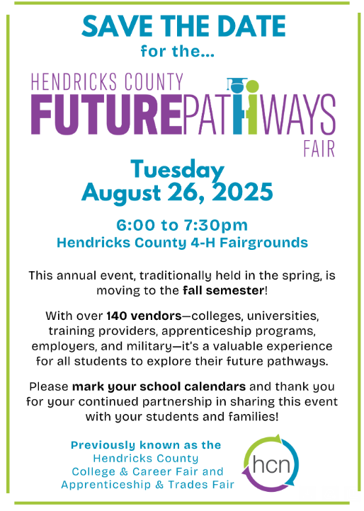 Save the Date for the Hendricks County Future Pathways Fair on 8/26.