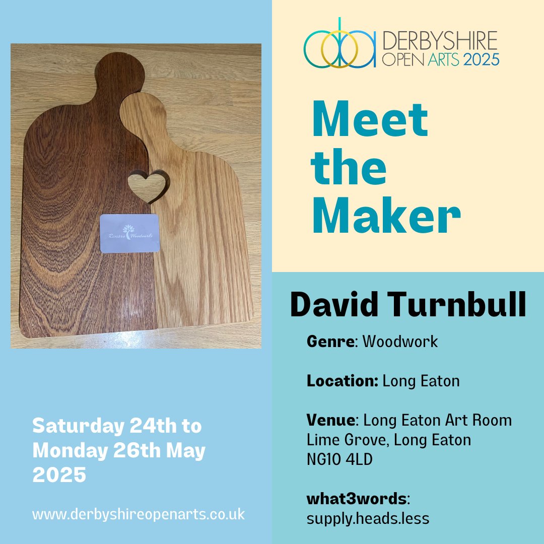 Meet the Maker: David Turnbull
“Handcrafted high quality woodwork items, specialising in live-edge creations.”
Find out more: derbyshireopenarts.co.uk
Look out for brochures in libraries, tourist info boxes and many more places.