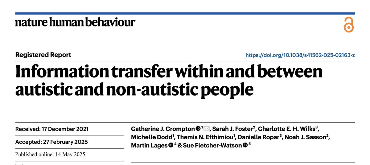 cjcrompton's tweet image. New paper alert!
Information transfer within and between autistic and non-autistic people is out today in @NatureHumBehav.
nature.com/articles/s4156…
THREAD! 🧵⬇️