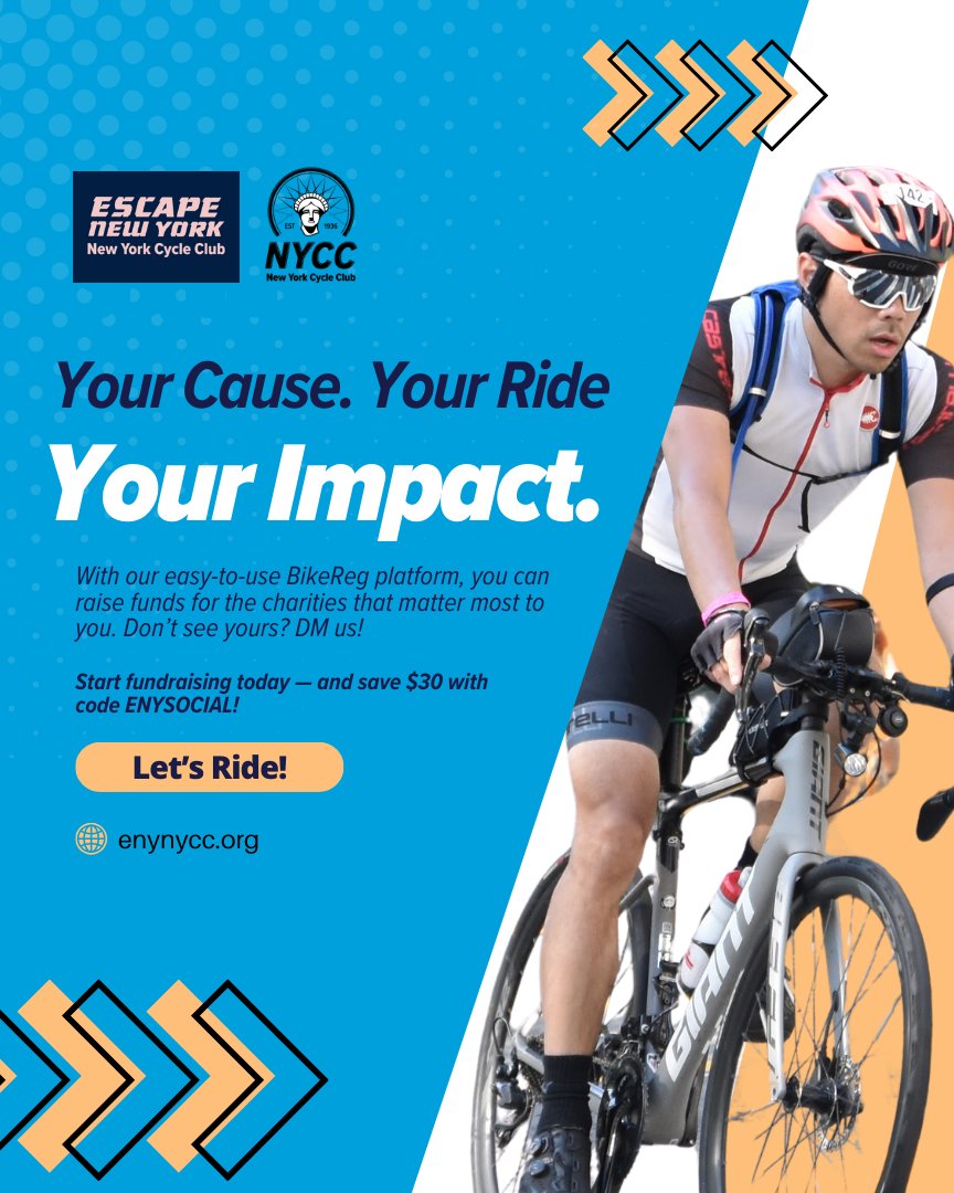 You choose the cause, we help you raise! Our BikeReg platform makes it easy to fundraise for charities you care about. Don’t see your charity send us a DM. Use code ENYSOCIAL for $30 off registration and receive a year's membership to NYCC bit.ly/4hYCTl4  Please Share!