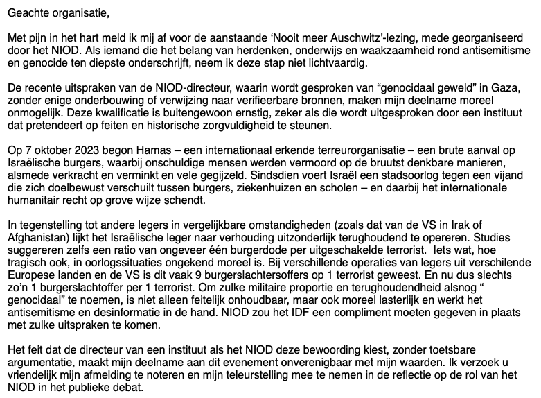 Vanochtend meldde ik mij af voor de ‘Nooit meer Auschwitz’-lezing na de ongefundeerde uitspraak van de NIOD-directeur over “genocidaal geweld”. Ik vreesde snelle verspreiding van deze desinformatie. Nu herhaalt de burgemeester van Amsterdam hem al. Sneller dan ik vreesde.