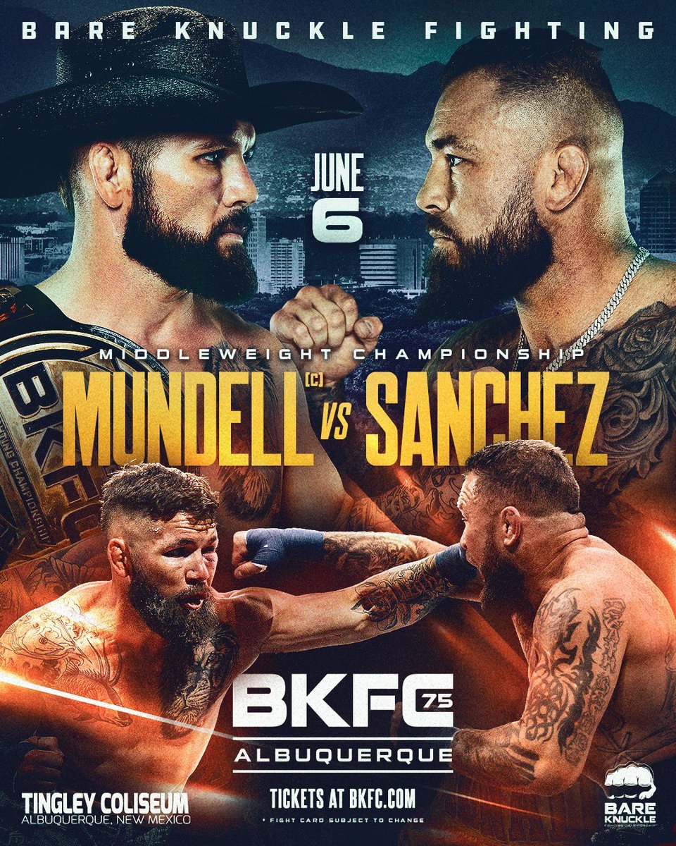 Next Stop: Albuquerque! David Mundell puts his Middleweight strap on the line against top contender Donald Sanchez!

#BKFC75 | June 6 | Tix on sale NOW at BKFC.com