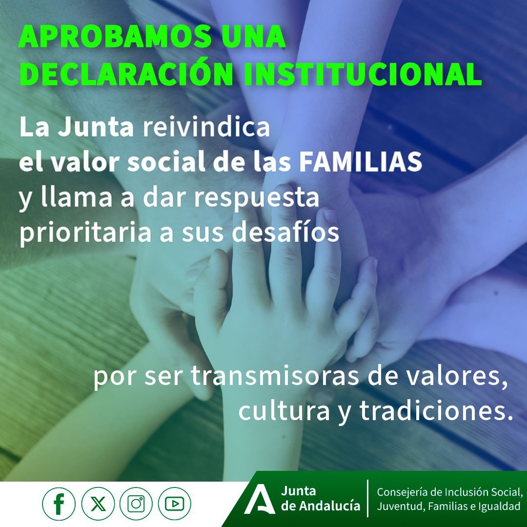 📝Aprobamos en #CGobAND una declaración institucional por el #DíaInternacionalDeLasFamilias que celebramos el 15 de mayo.

En el Gob de @juanmamorenobonilla reconocemos el valor social de las familias andaluzas situándolas en el centro de las políticas públicas.