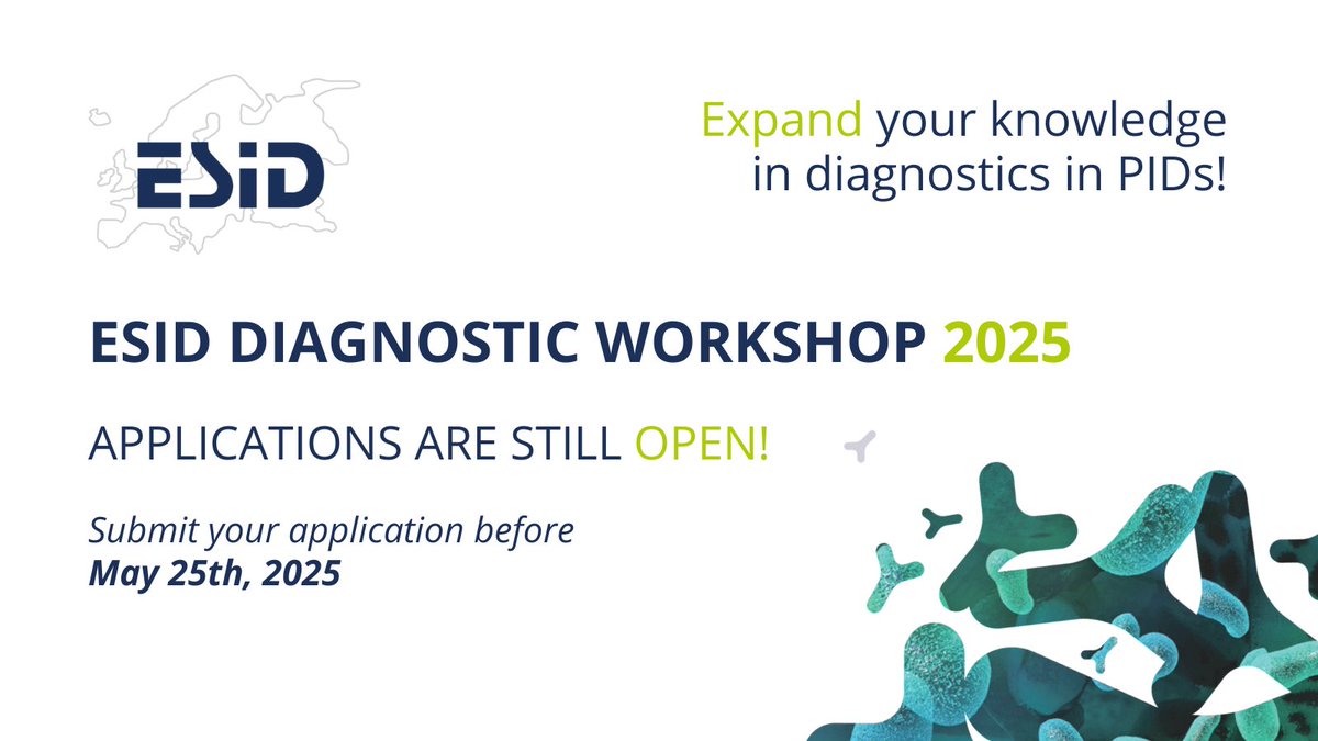 🧬 Applications are still open for the ESID Diagnostic Workshop 2025!

📍 Freiburg, Germany | 🗓️ Sept 15–17
📌 Apply by: May 25

Learn more and apply here 👉esid.org/esid-diagnosti…

#ESID2025 #Immunology #PID #MedicalEducation #Diagnostics
