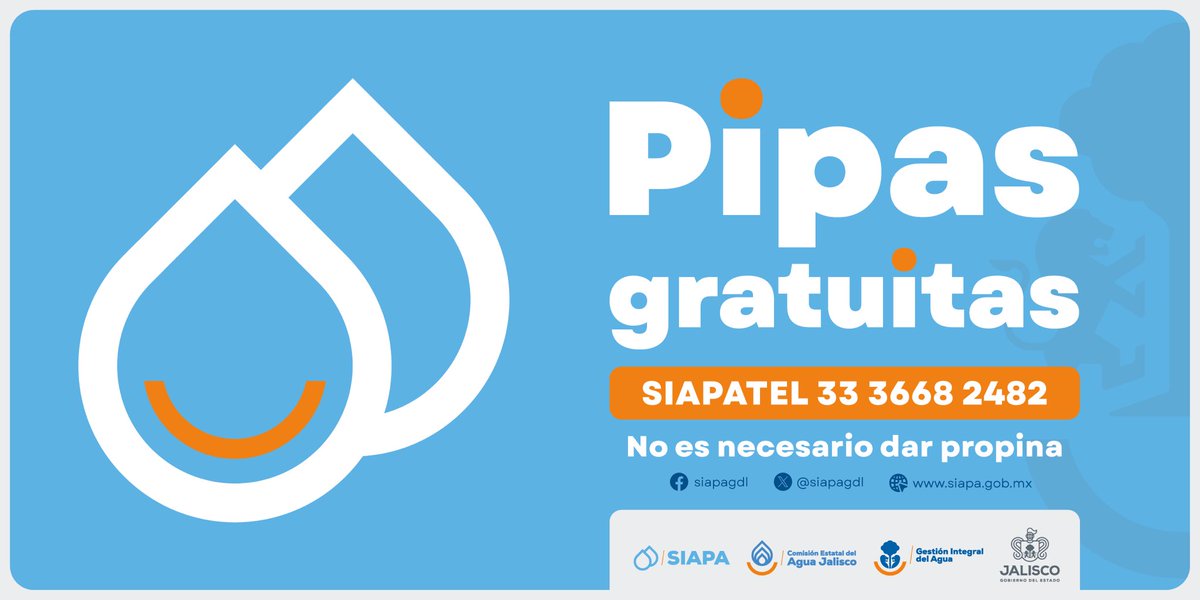⚠️Atención⚠️

Ante la baja presión y déficit en el servicio de agua ocasionados por los trabajos de reparación de una falla en el Sistema de Bombeo Oriente y en el Tanque Tabachines 1, el <a href="/GobiernoJalisco/">Gobierno de Jalisco</a> en conjunto con el #SIAPA continuará la dotación de agua por medio de pipas