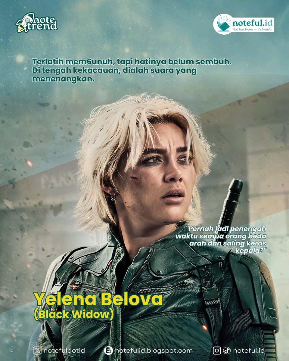 notefuldotid's tweet photo. Yelena, Bucky, dan U.S. Agent bukan pahlawan ideal. Mereka tim rusak yang masih belajar percaya.
Kayak kamu & tim tugas kuliah: beda visi, tapi harus kerja
#Notetrend #Thunderbolts2025 #YelenaBelova #BuckyBarnes #JohnWalker #NotefulId #InfoNoteful #NotefulUpdate #MediaNoteful https://t.co/fnSnqc5ADD