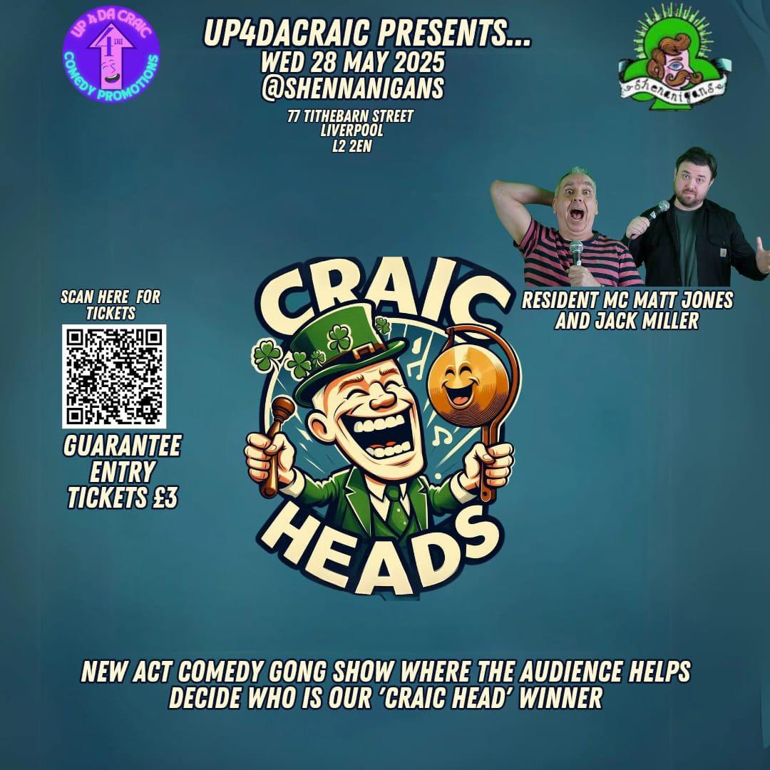 New Comedy Gong Show were the audience helps decide who is our 'Craic Head' Winner.

We have 20 acts and a mystery guest.

Tickets £3 on Skiddle. Link below.

skiddle.com/e/40

#comedygong