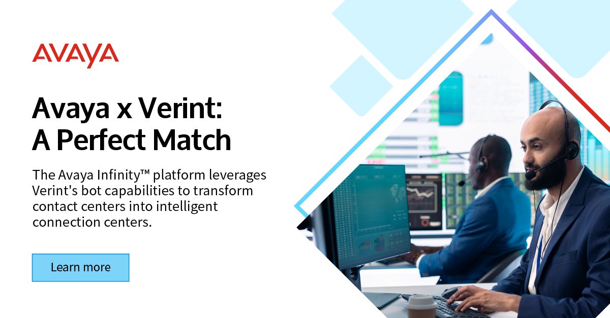 Verint helps brands lower costs while elevating CX with AI automation.

With Verint and Avaya, organizations can quickly adopt the capabilities and outcomes needed — at your own pace. Learn how the Avaya x Verint partnership elevates the contact center: avaya.com/en/products/in…