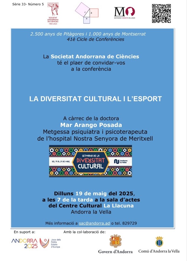 A punt pels Jocs dels Petits Estats Andorra 2025, i iniciant els actes de celebració de la Diversitat Cultural, tenim l'escaient conferència La Diversitat Cultural i l'Esport, a càrrec de la Dra. Mar Arango <a href="/saciencies/">SAC</a> <a href="/AndorraCapital/">Andorra la Vella</a> <a href="/GovernAndorra/">Govern d'Andorra</a> <a href="/iramunt/">Institut Ramon Muntaner</a> <a href="/AndorraEsportiu/">Andorra Esportiu</a>
