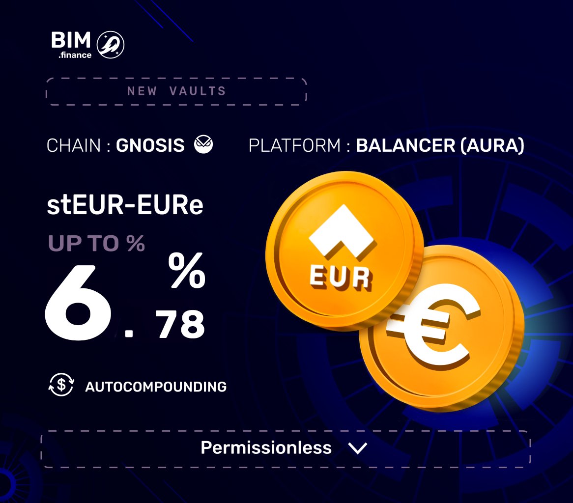 New euro staking pool is live on <a href="/Bim_Exchange/">BIM Exchange</a>  

💶 stEUR (<a href="/AngleProtocol/">Angle 📐</a>) - EURe (<a href="/monerium/">Monerium</a>)
📈 Up to 6.78% APY
♻️ Auto-compounded
🔓 Permissionless
🟡 Powered by <a href="/Balancer/">Balancer</a>  (<a href="/AuraFinance/">Aura</a> ) on <a href="/gnosischain/">Gnosis Chain 🦉</a> 

👉 staking.bim.finance/vault/aura-gno…

 $EURA $stEUR $EURe