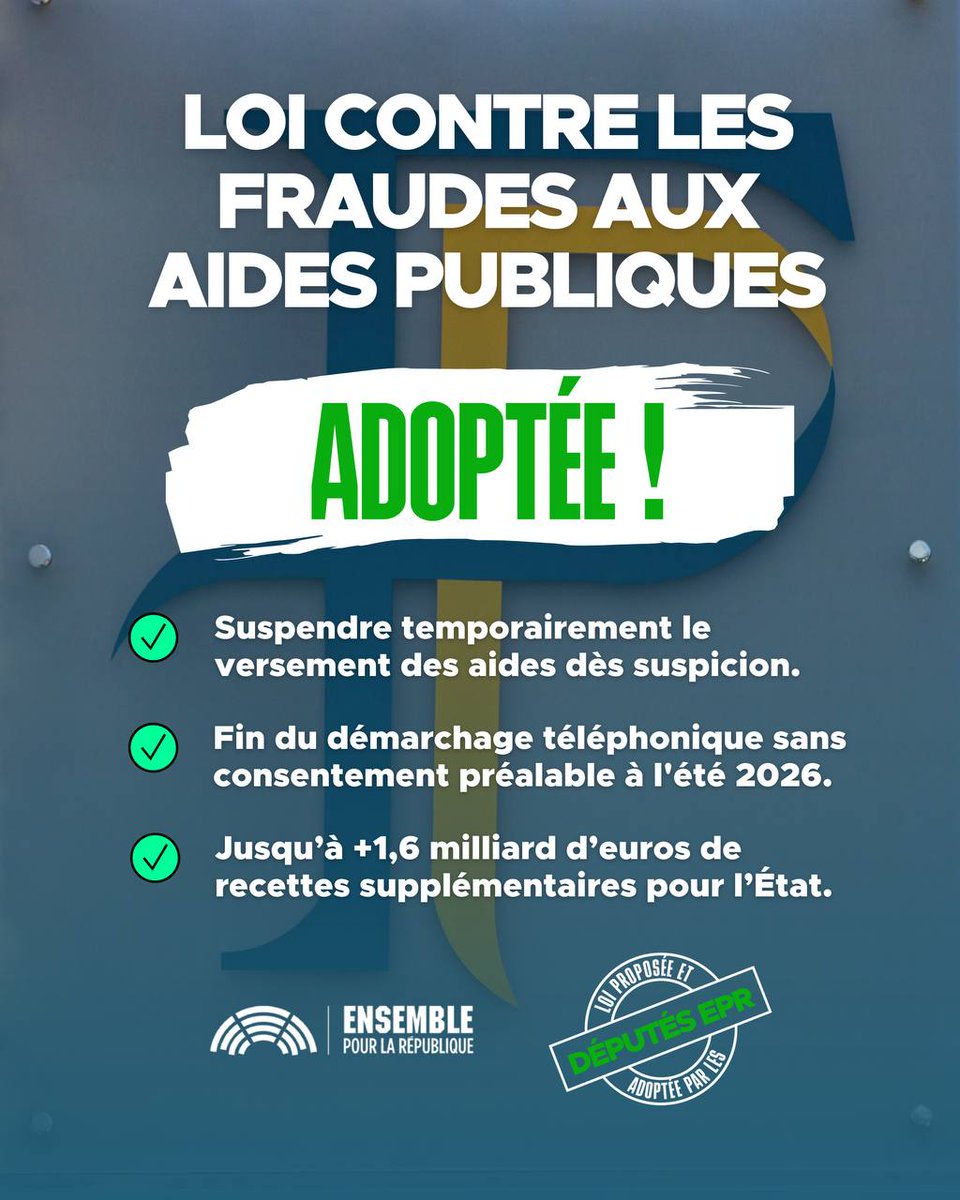 MarieLebec78's tweet image. Mission accomplie @GabrielAttal, @T_Cazenave !

La proposition de loi contre les #fraudes aux aides publiques vient d’être votée à l’Assemblée nationale.

Une étape essentielle pour garantir que chaque euro d’argent public aille à ceux qui en ont réellement besoin. 

#DirectAN