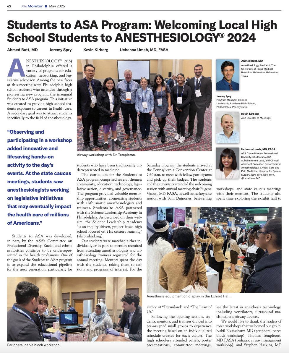 UcheUmehMD's tweet image. 🎉 @ASAmonitor article on the Students to ASA (STASA) program now online! 🙌 Huge thanks to @EugeneViscusiMD for the opportunity. To @odmarabarreto, Drs. Daniel Corsino, Vilma Joseph, @ladyteemd (CPD) for the guidance. 👏 Looking forward to STASA 2025! 🔜 @HSSanesthesia