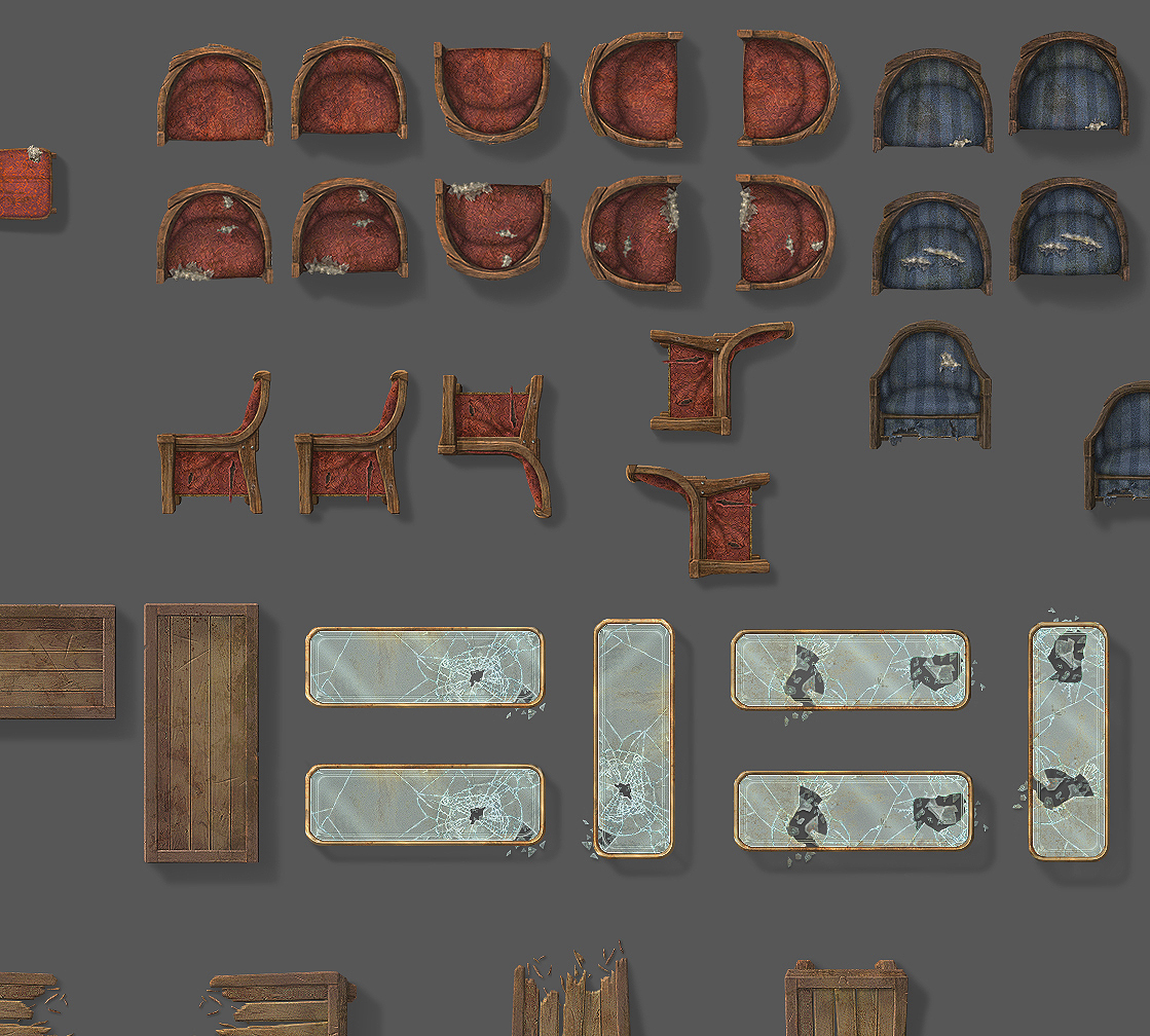 Game Props Furniture 3 (Broken and Dirty edition) is coming along nicely... almost finished. Here's a sneak peek at the objects in this set.

In the meantime, check out my other products at the <a href="/roll20app/">Roll20</a> Marketplace. 
➡️ bit.ly/HemenwayArt #rpg #ttrpg #PF1e #dnd5e #dnd