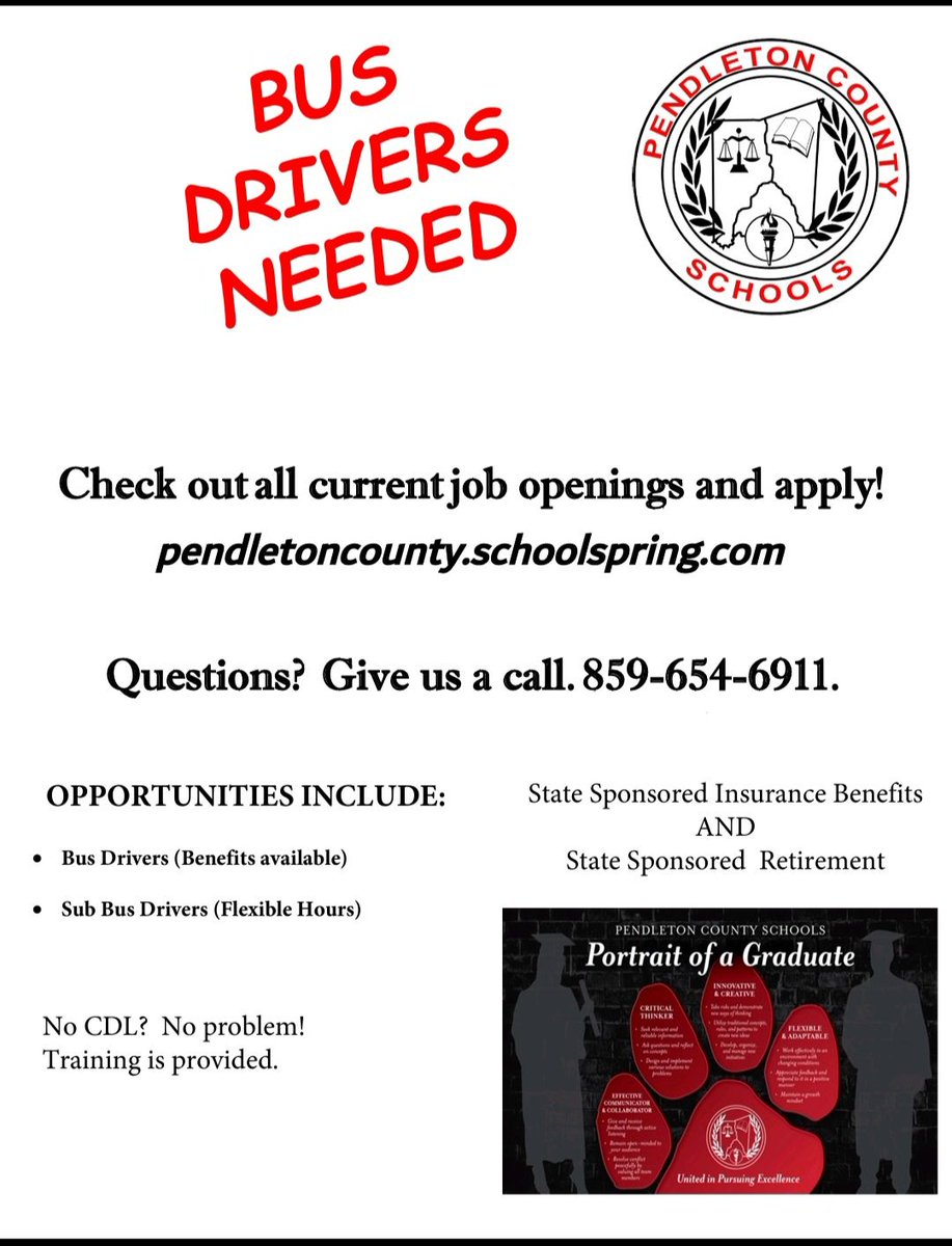 Pendleton County Schools is currently hiring full-time and sub bus drivers. For more information please contact the Department of Student Services at (859)654-4981 or by visiting the office during regular hours at 6762 HWY 27 N. Butler, KY 41006.