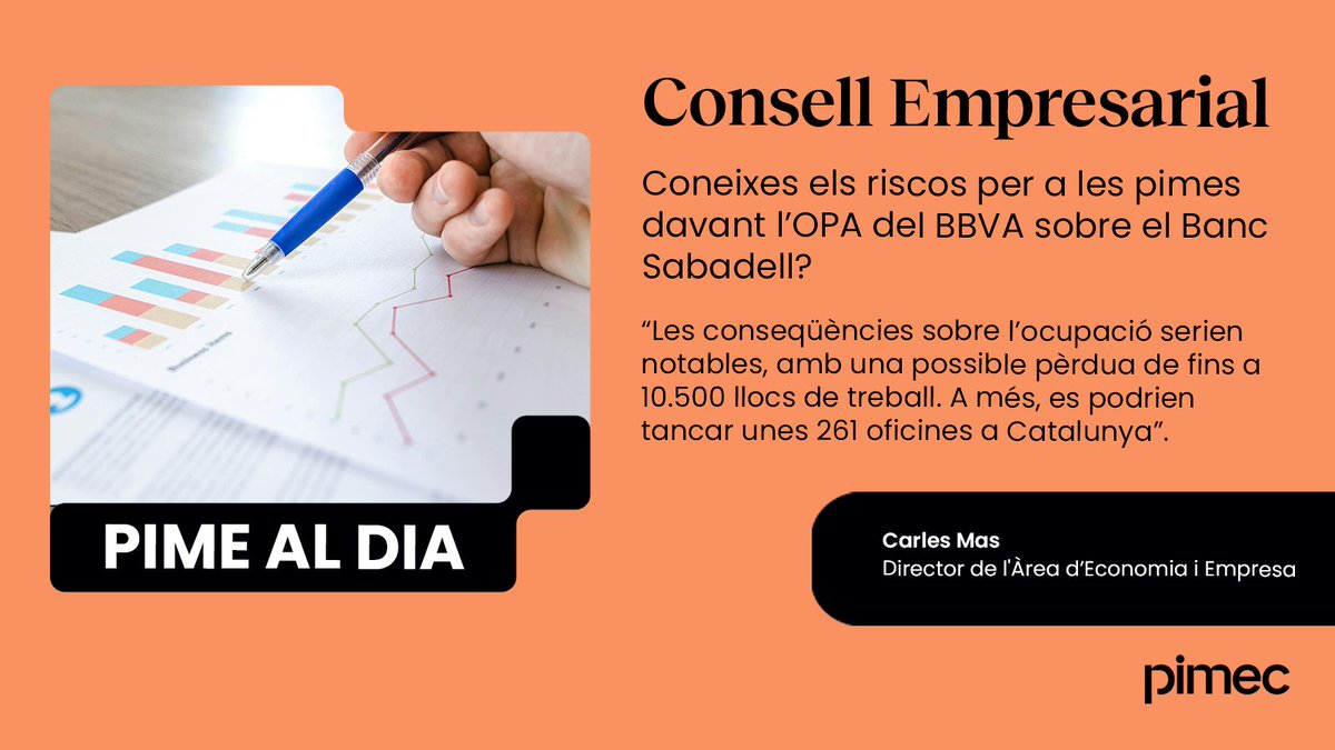 📰Coneixes els riscos per a les pimes davant l’OPA del BBVA sobre el Banc Sabadell?

"Amb la fusió, dues entitats concentrarien més del 70% del crèdit destinat a pimes".

✍️Carles Mas, director de l'Àrea d’Economia i Empresa de <a href="/Pimec/">Pimec</a>.

Llegeix l'article: tinyurl.com/38hjuy9f