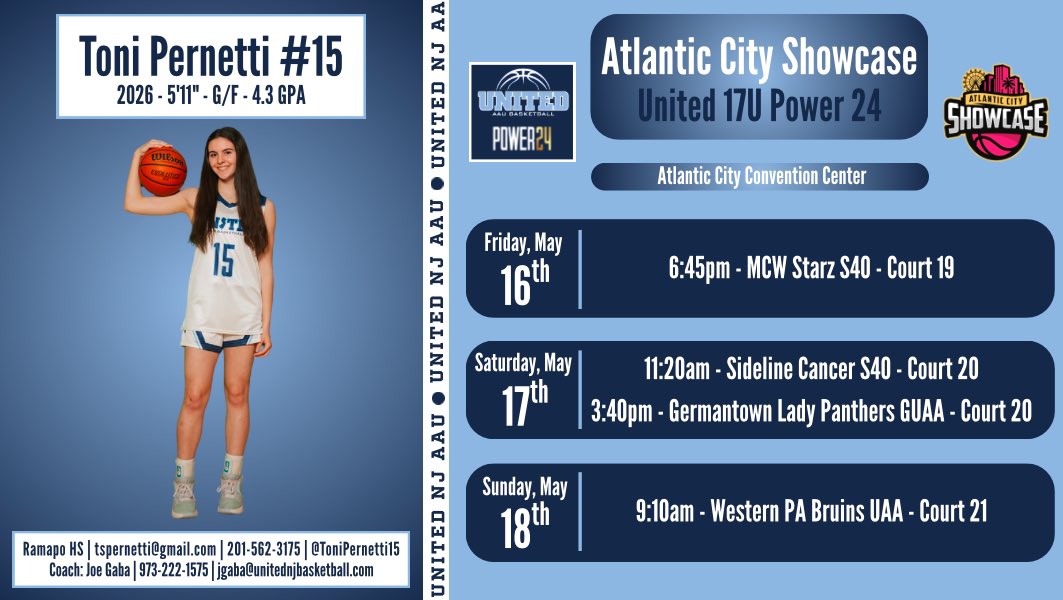 Toni Pernetti (@tonipernetti15) on Twitter photo Excited for <a href="/SelectEventsBB/">Select Events Basketball</a> Atlantic City Showcase with <a href="/unitedNJaau/">United NJ AAU</a> 17U P24! Come check us out!
<a href="/CoachK_Killion/">Kelly Killion</a> <a href="/Coachlaurenhol1/">Coach Lauren Holden</a> <a href="/CoachShanBush/">Shannon Bush</a> <a href="/CoachSashiaC/">LaSashia</a> <a href="/Coach_Isme/">Robert Isme</a> <a href="/Candice_103/">Candice Green</a> <a href="/CoachMags21/">Maggie Gallagher</a> <a href="/coachanniemac/">Ann McInerney</a> <a href="/CoachErin13/">Erin Leger Doughty</a> <a href="/GadsonLefft/">Gadson Lefft</a> <a href="/Coachjesssimms/">Jessica Simmonds</a> <a href="/coachwBU/">Clint Williams</a> <a href="/FiliaultCasey/">Casey Filiault</a> Excited for <a href="/SelectEventsBB/">Select Events Basketball</a> Atlantic City Showcase with <a href="/unitedNJaau/">United NJ AAU</a> 17U P24! Come check us out!
<a href="/CoachK_Killion/">Kelly Killion</a> <a href="/Coachlaurenhol1/">Coach Lauren Holden</a> <a href="/CoachShanBush/">Shannon Bush</a> <a href="/CoachSashiaC/">LaSashia</a> <a href="/Coach_Isme/">Robert Isme</a> <a href="/Candice_103/">Candice Green</a> <a href="/CoachMags21/">Maggie Gallagher</a> <a href="/coachanniemac/">Ann McInerney</a> <a href="/CoachErin13/">Erin Leger Doughty</a> <a href="/GadsonLefft/">Gadson Lefft</a> <a href="/Coachjesssimms/">Jessica Simmonds</a> <a href="/coachwBU/">Clint Williams</a> <a href="/FiliaultCasey/">Casey Filiault</a>