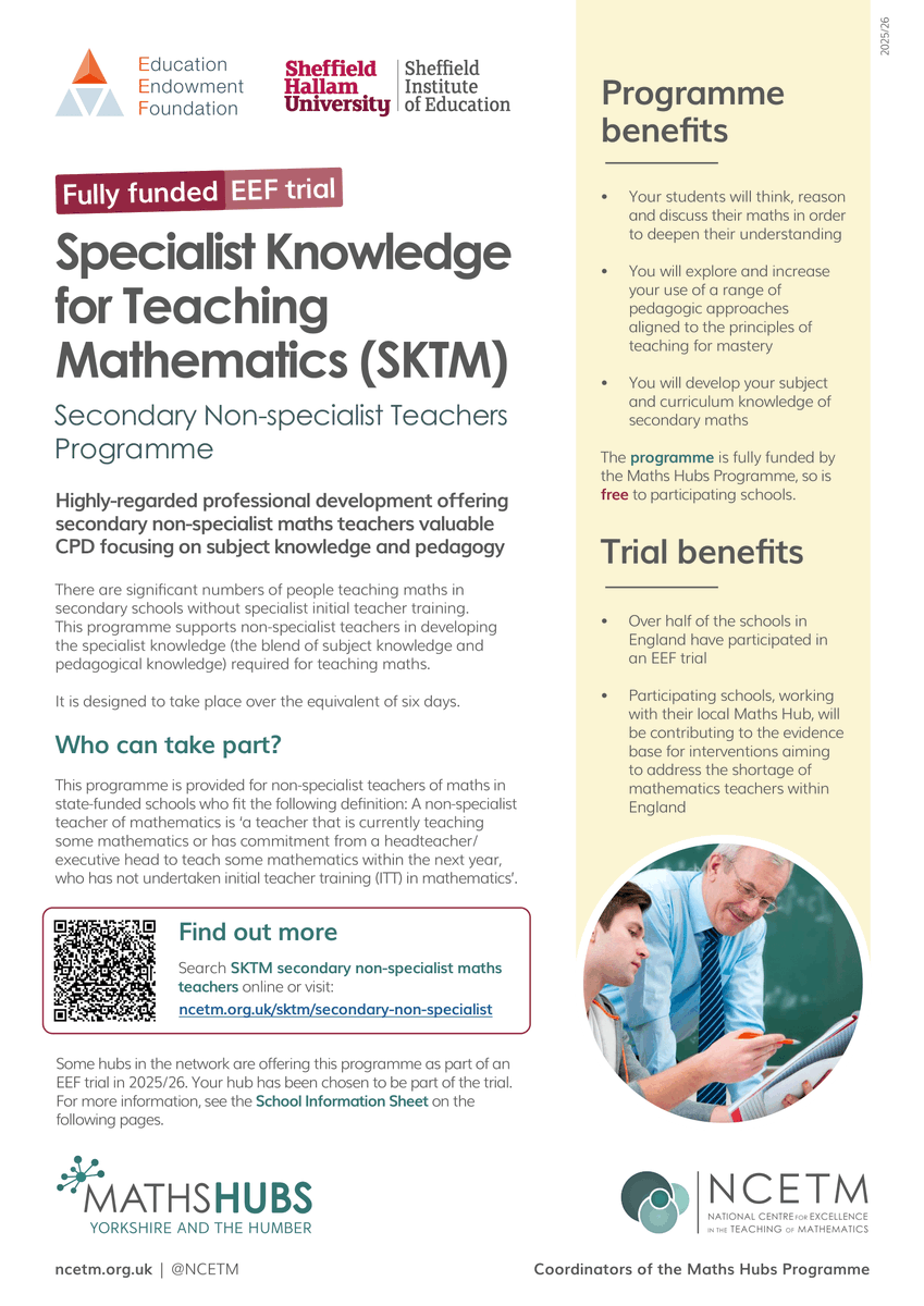 📉Struggling to recruit Maths teachers?

📚The fully-funded SKTM Programme for Secondary Non-specialist Teachers is part of a new EEF-backed trial!
💪Strengthen your department &amp; support the future of maths education.

📝Register now👉 shorturl.at/3ib52