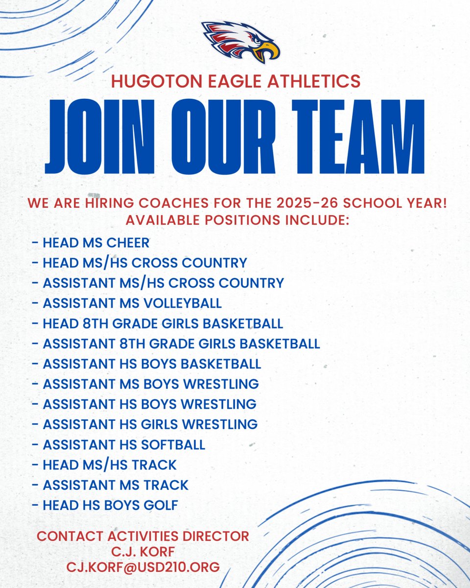 HugotonEagles's tweet photo. Join the Hugoton Eagle Athletic Department and make a difference in the lives of our student-athletes. We have multiple coaching positions open for the 2025-26 school year!

If you're passionate about sports, leadership, and developing young athletes-we want YOU on our team! https://t.co/yAbldptw0O