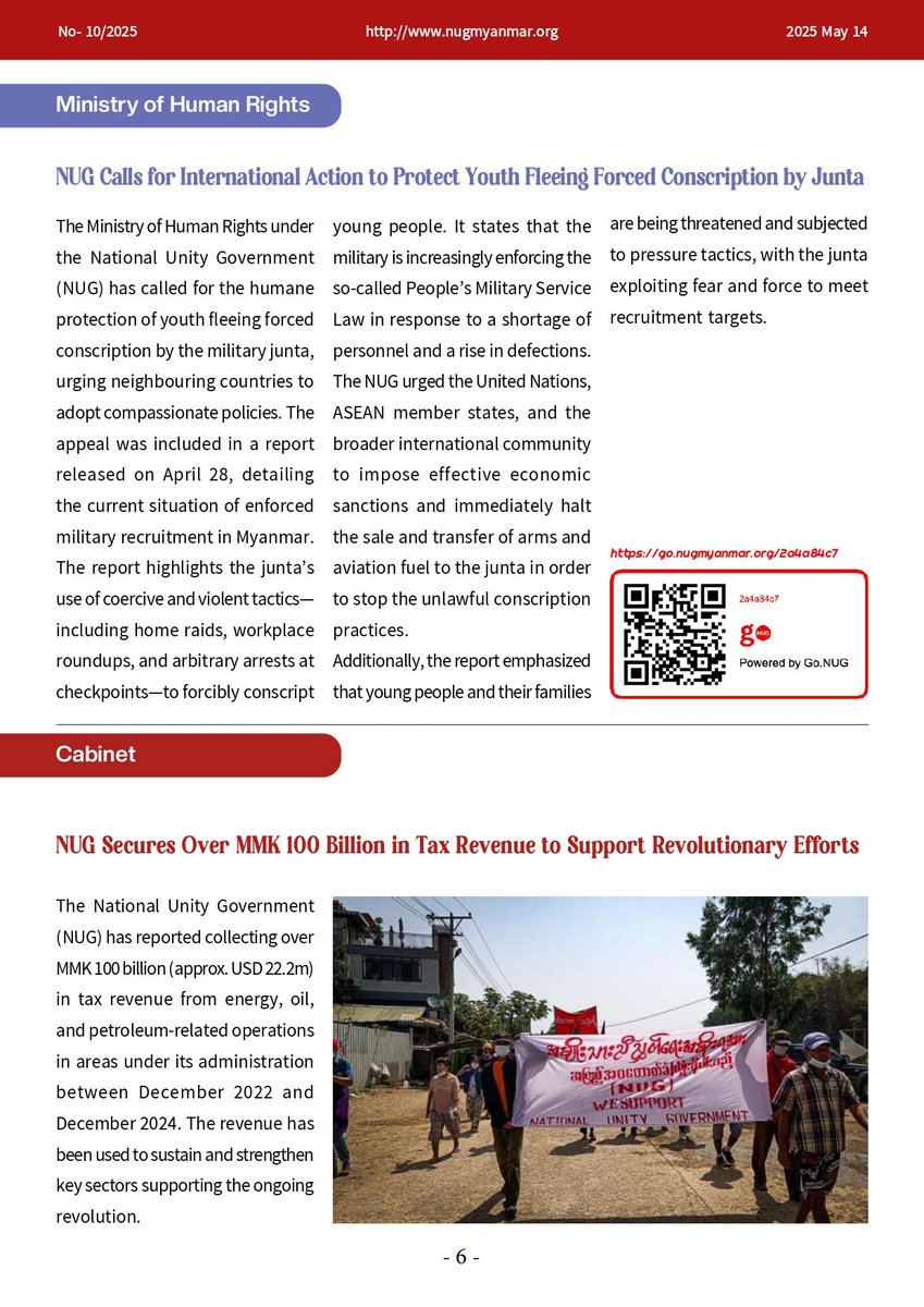 NUGMyanmar's tweet image. Bi Weekly News Update of National Unity Government ( 10/2025)
Download link - go.nugmyanmar.org/e09d8c18
Website link - go.nugmyanmar.org/dcbaefcc
#NUGMyanmar
#WhatsHappeningInMyanmar