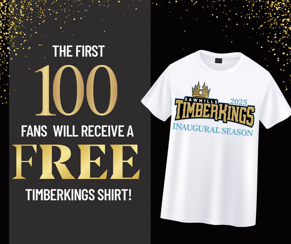 The first 1️⃣0️⃣0️⃣ fans through the gate this Saturday will receive a 🆓 Timberkings shirt to kick off our inaugural season! 
Come be a part of history. We can’t wait to see you there! 👑⚾️

* Gates open at 2:00 directly after Fan Fest*
