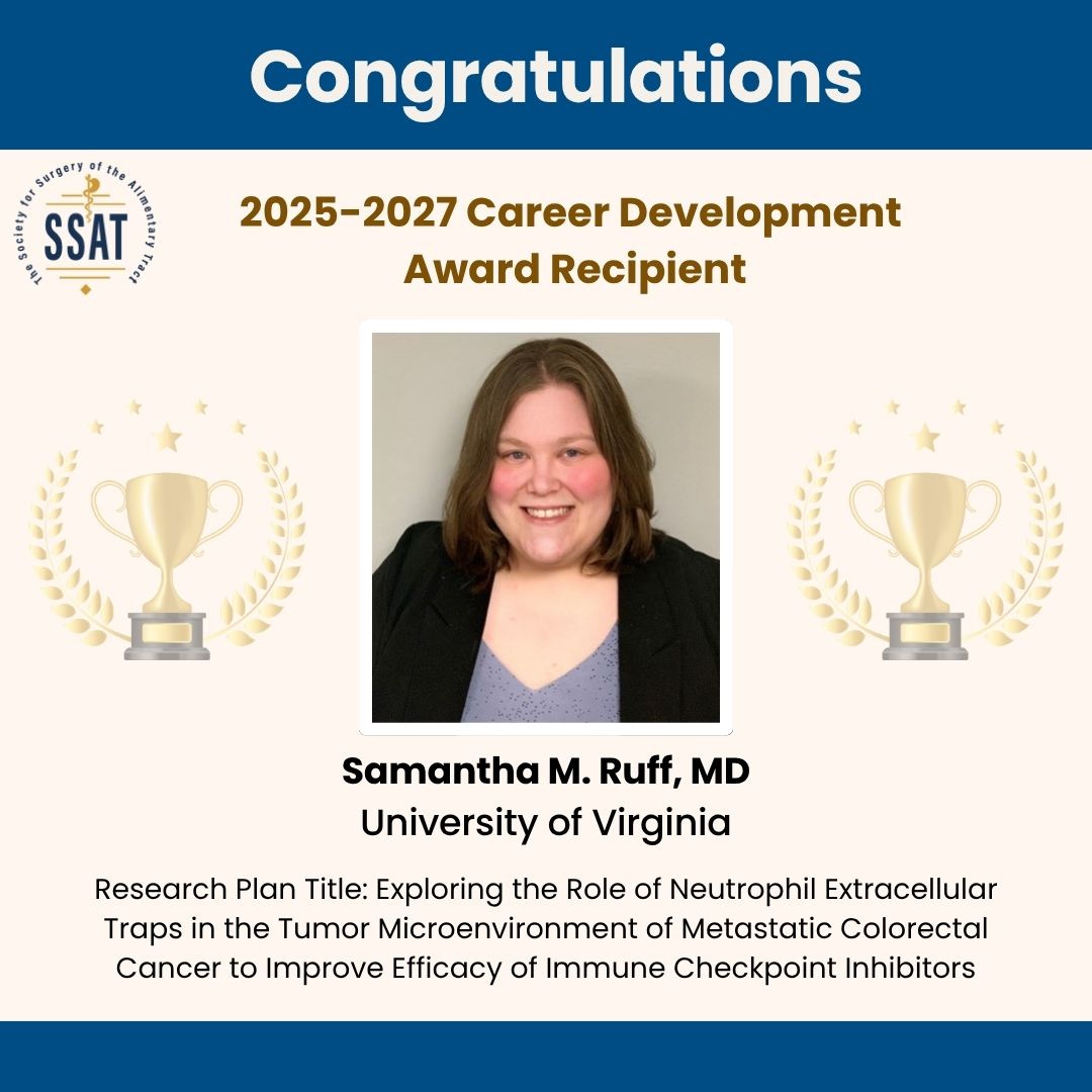 SSAT (@ssatnews) on Twitter photo Congratulations to Dr. Samantha M. Ruff, MD, from the University of Virginia, on being named the 2025–2027 Career Development Award Recipient!
<a href="/SamRuff_MD/">Samantha Ruff</a>
<a href="/UVASurgery/">UVA Surgery</a>
#SSAT #SSATAWARDS Congratulations to Dr. Samantha M. Ruff, MD, from the University of Virginia, on being named the 2025–2027 Career Development Award Recipient!
<a href="/SamRuff_MD/">Samantha Ruff</a>
<a href="/UVASurgery/">UVA Surgery</a>
#SSAT #SSATAWARDS