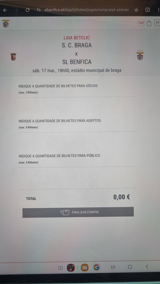 RafaMota04's tweet image. @SLBenfica que é isto? Consegui entrar na página de compra e não aparecem opções para comprar nem bilhetes para selecionar. Que palhaçada.

#Benfica #bilhetes #redpass