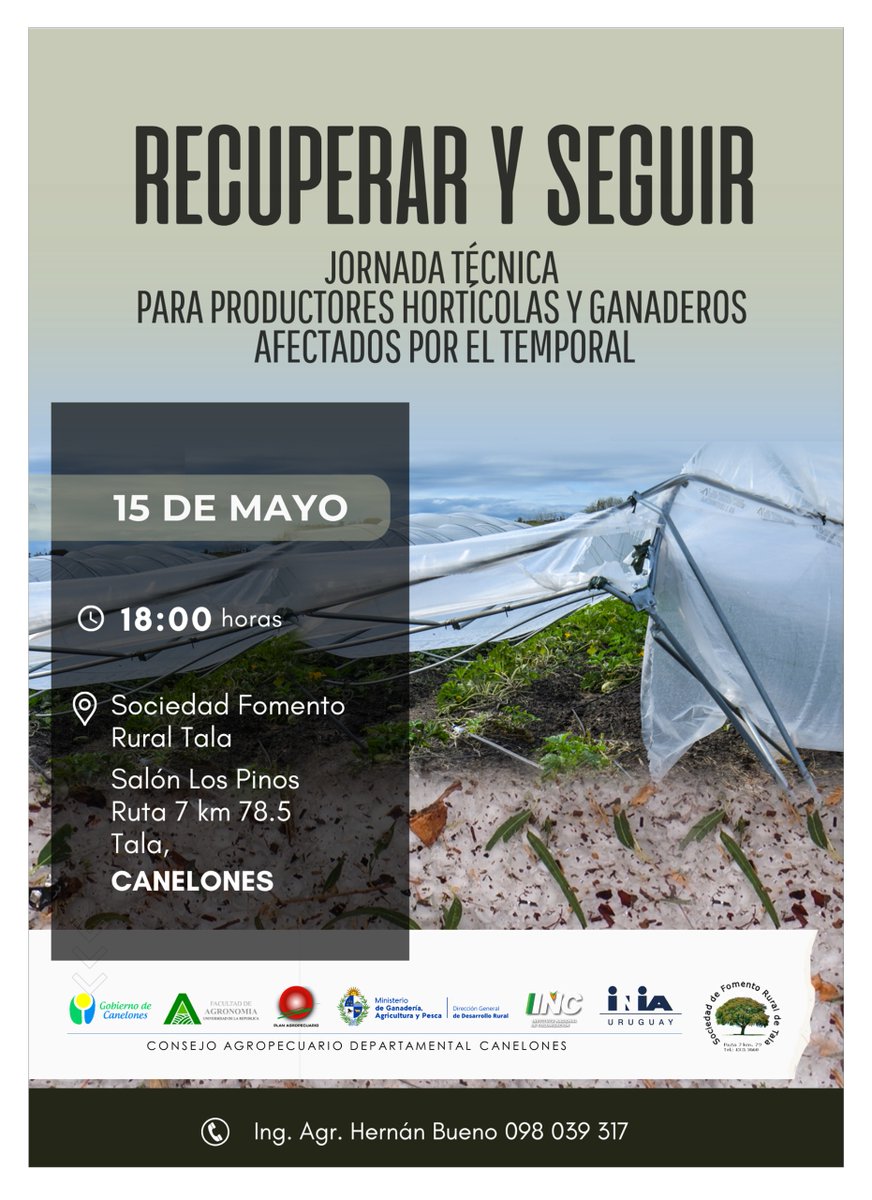 Plan Agropecuario (@planagro) on Twitter photo ¡Mañana jueves!
🗓️15/5⏰18hs📍Tala, Canelones
Jornada Técnica
✔️Recuperar y seguir
👥Para productores hortícolas y ganaderos afectados por temporal
📌SFR Tala, Salón "Los Pinos"
¡Te esperamos!
#CAD <a href="/IdCanelones/">IntendenciaCanelones</a> <a href="/FagroUdelar/">Facultad Agronomía</a> <a href="/MGAPUruguay/">MGAP</a> <a href="/INC_Uruguay/">INC_Uruguay</a> @INIA_Uy #PlanAgro ¡Mañana jueves!
🗓️15/5⏰18hs📍Tala, Canelones
Jornada Técnica
✔️Recuperar y seguir
👥Para productores hortícolas y ganaderos afectados por temporal
📌SFR Tala, Salón "Los Pinos"
¡Te esperamos!
#CAD <a href="/IdCanelones/">IntendenciaCanelones</a> <a href="/FagroUdelar/">Facultad Agronomía</a> <a href="/MGAPUruguay/">MGAP</a> <a href="/INC_Uruguay/">INC_Uruguay</a> @INIA_Uy #PlanAgro