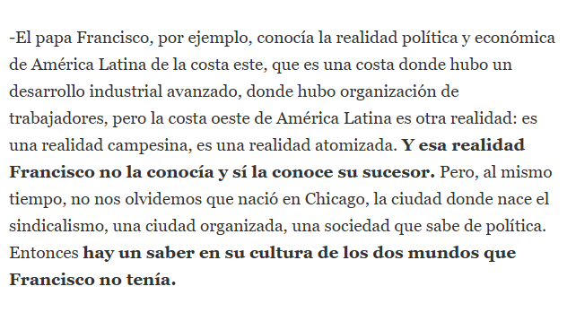 Como dice <a href="/jmespinozap/">Juan Miguel Espinoza</a>, muy interesante esta entrevista a Emilce Cuda (colaboradora de Prevost en la Pontificia Comisión para América Latina) para conocer mejor a León XIV  lanacion.com.ar/el-mundo/emilc…