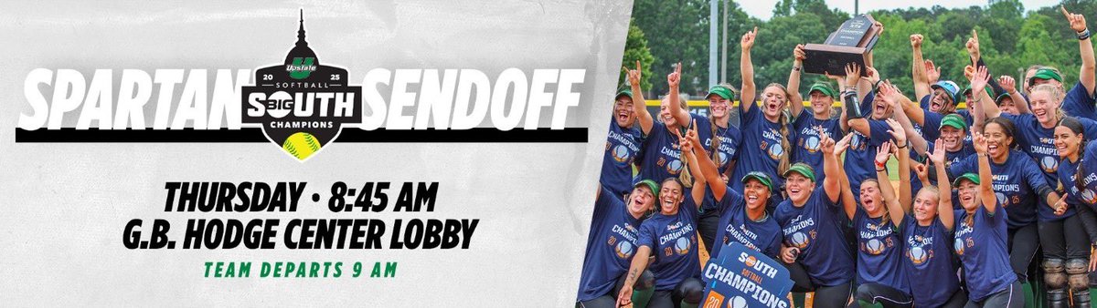 UpstateSoftball's tweet image. The back-to-back Big South Champion USC Upstate softball team will depart for the NCAA Regional in Clemson on Thursday morning from the Hodge Center.
 
Fans are asked to gather at 8:45am with the team departing promptly at 9:00am from the Hodge Center lobby.