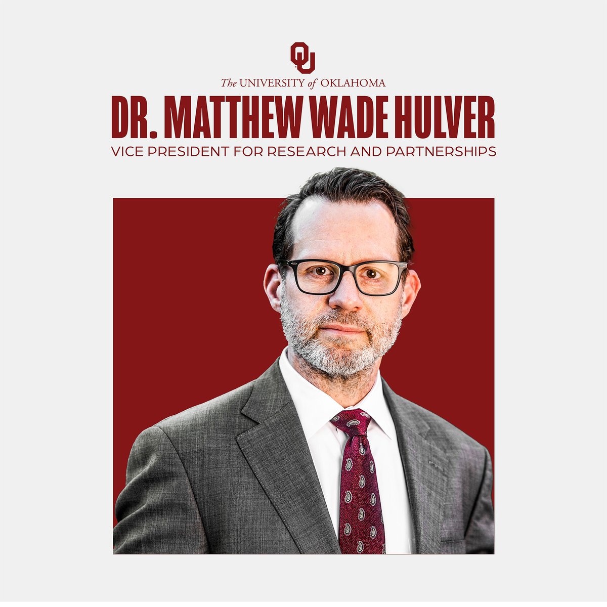 University of Oklahoma (@uofoklahoma) on Twitter photo NEWS: OU announced Dr. Matthew Wade Hulver will become the first university-wide vice president for research and partnerships, effective June 1, pending OU Board of Regents’ approval.
<a href="/OUResearch/">University of Oklahoma Research</a> | #LeadOnOU NEWS: OU announced Dr. Matthew Wade Hulver will become the first university-wide vice president for research and partnerships, effective June 1, pending OU Board of Regents’ approval.
<a href="/OUResearch/">University of Oklahoma Research</a> | #LeadOnOU