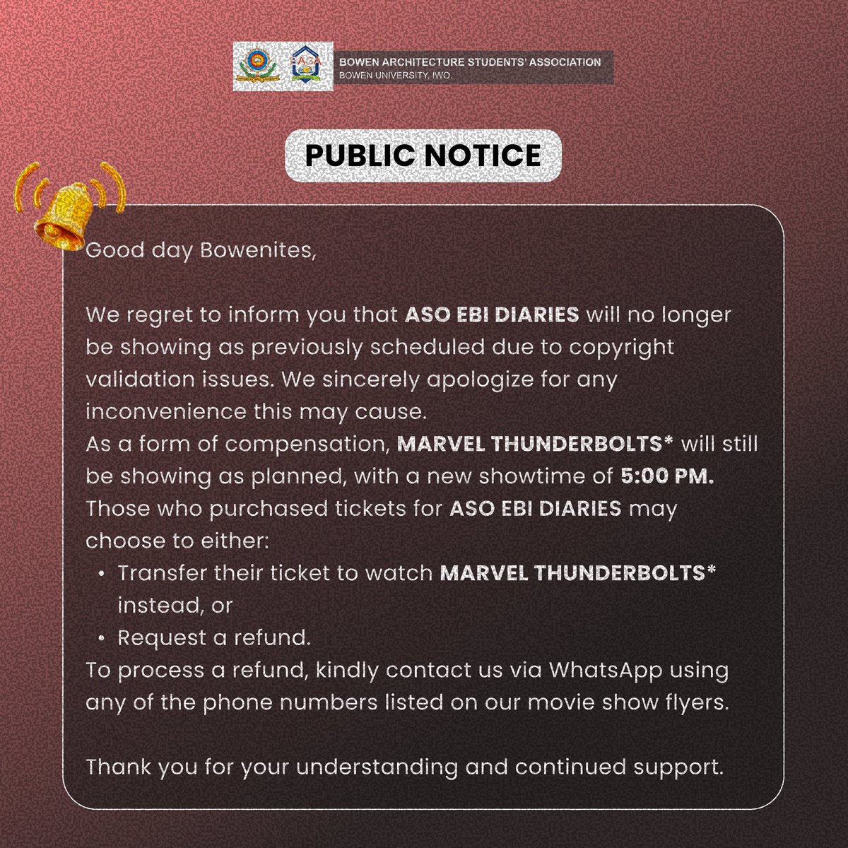 BUI_architects's tweet photo. Apologies from BASA. Thunderbolts is still showing as planned. Please tell a friend to tell a friend 🚨 https://t.co/v7rrHpIVv5