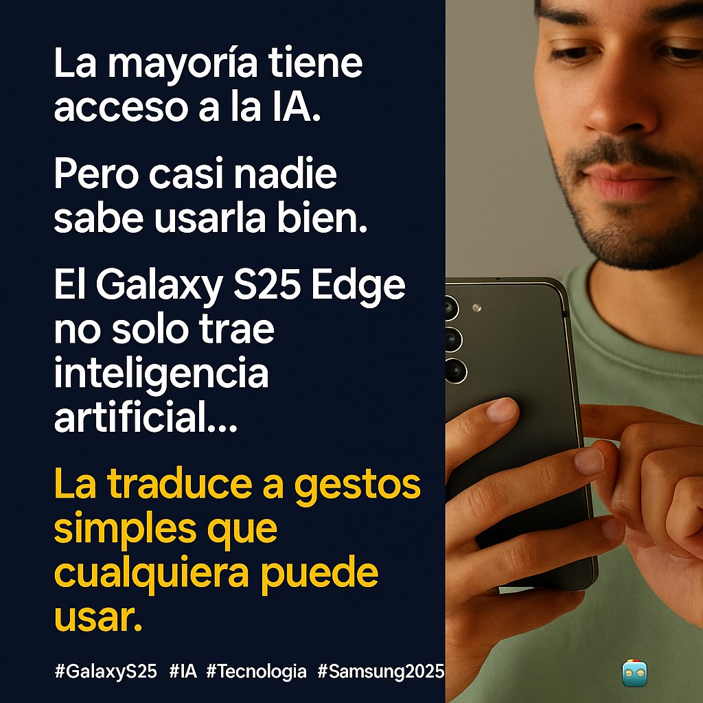 wapablaza's tweet photo. La mayoría tiene acceso a la IA.
Pero casi nadie sabe usarla bien.

El Galaxy S25 Edge no solo trae inteligencia artificial…
La traduce a gestos simples que cualquiera puede usar.

Eso cambia todo.

#GalaxyS25 #IA #Tecnología #Samsung2025 🤖 https://t.co/7qIIc4pEHY