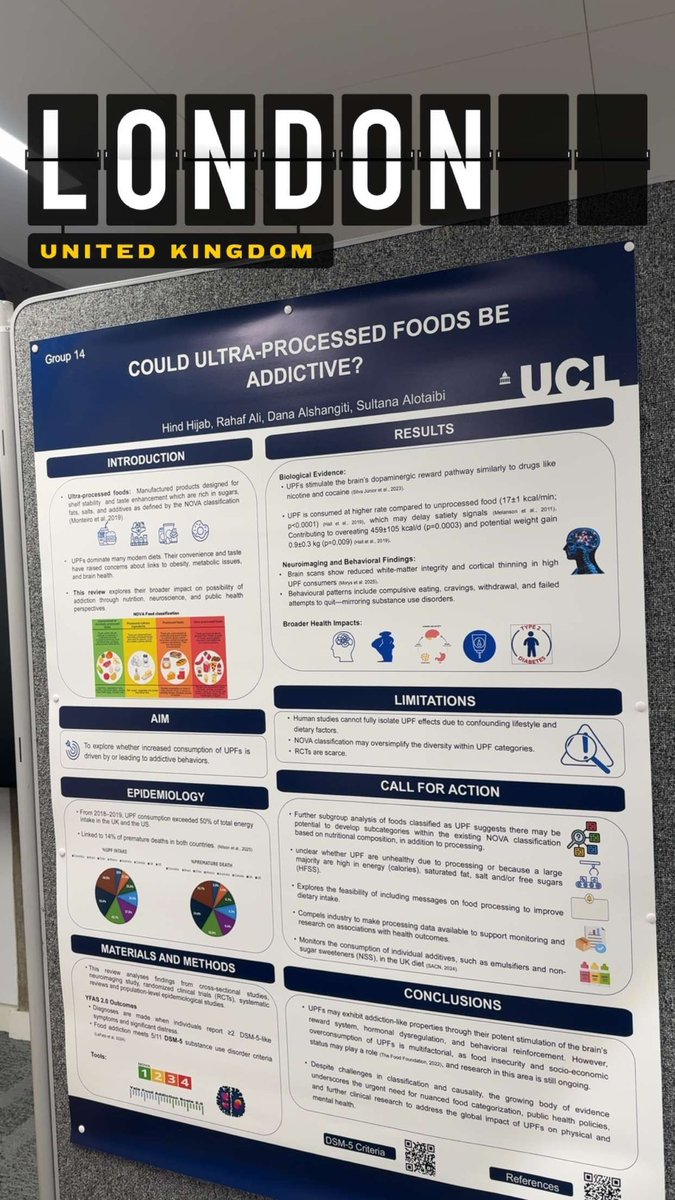اليوم قدمنا بوستر علمي في مادة الصحة العامة عن الأطعمة فائقة المعالجة (UPFs) وهل ممكن تكون إدمانية؟
ناقشنا تأثيرها على الدماغ والسلوك، والمخاطر الصحية المحتملة المرتبطة بالاستهلاك المفرط.

الصراحة كانت تجربة ممتعة، تعلمنا منها الكثير 💡💙🙏🏼
#تغذية_علاجية #صحة_عامة #UPF
