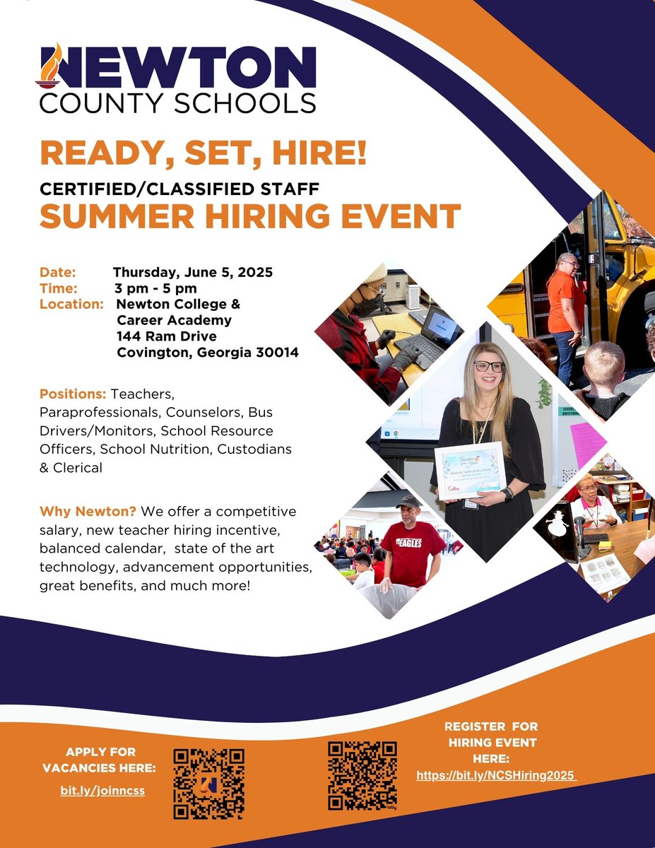 🚨 We're hiring! Join us for the NCS Summer Hiring Event
 🗓️ June 5, 2025 | 🕒3–5 PMs
 📍 Newton College &amp; Career Academy, Covington, GA
 🔗 Apply: bit.ly/joinncss
 🔗 Register: bit.ly/NCSHiring2025
#ReadySetHire #JoinNCS #SpiritPrideExcellence