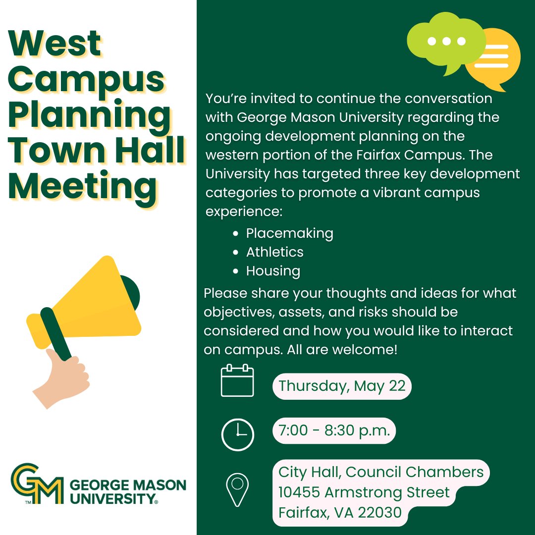 Join us on THURSDAY for a community conversation about the development of the western portion of the Fairfax Campus.
📅 Thursday, May 22
⏰ 7:00 - 8:30 p.m.
📍City Hall, Council Chambers (10455 Armstrong Street, Fairfax, VA)

All are welcome!