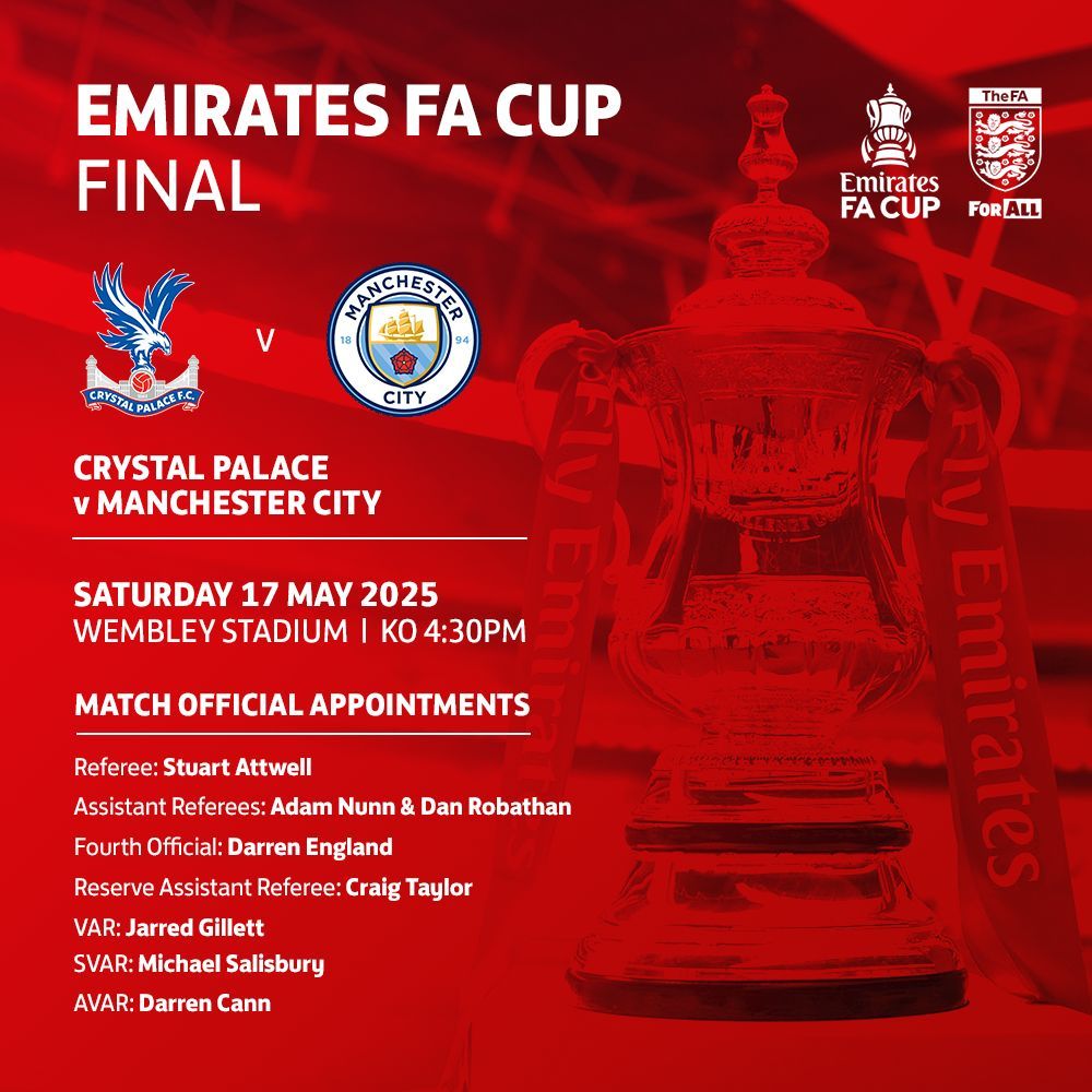 𝙁𝘼 𝘾𝙐𝙋 𝙁𝙄𝙉𝘼𝙇 

Your match officials for the final of this season's #EmiratesFACup

Congratulations to the team on their appointments - a brilliant achievement in recognition of all your hard work over many years. 👏