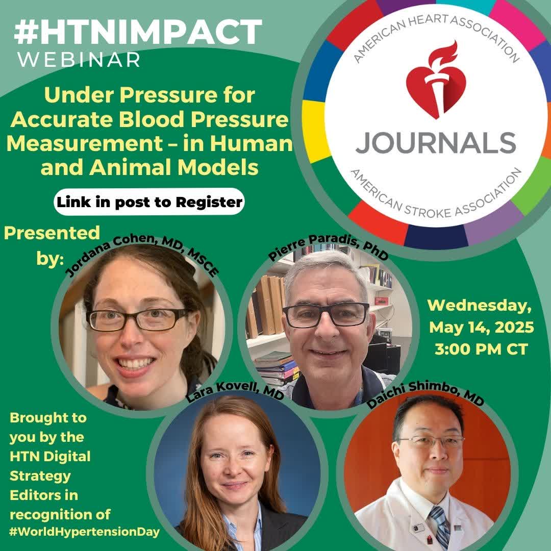 Hypertension (@hyperaha) on Twitter photo !Register today! ahajrnls.org/3RGLjlT
to join mods <a href="/AnastasiaSMihai/">Dr Anastasia Mihailidou FAHA FCSANZ FESC</a> <a href="/guto_montezano/">Guto Montezano</a> @carmendemigue12 for a <a href="/HyperAHA/">Hypertension</a> #HTNImpact Webinar!
May 14, 2025 3pm – 4pm CT
Under Pressure for Accurate BP Measurement – in Human & Animal Models !Register today! ahajrnls.org/3RGLjlT
to join mods <a href="/AnastasiaSMihai/">Dr Anastasia Mihailidou FAHA FCSANZ FESC</a> <a href="/guto_montezano/">Guto Montezano</a> @carmendemigue12 for a <a href="/HyperAHA/">Hypertension</a> #HTNImpact Webinar!
May 14, 2025 3pm – 4pm CT
Under Pressure for Accurate BP Measurement – in Human & Animal Models