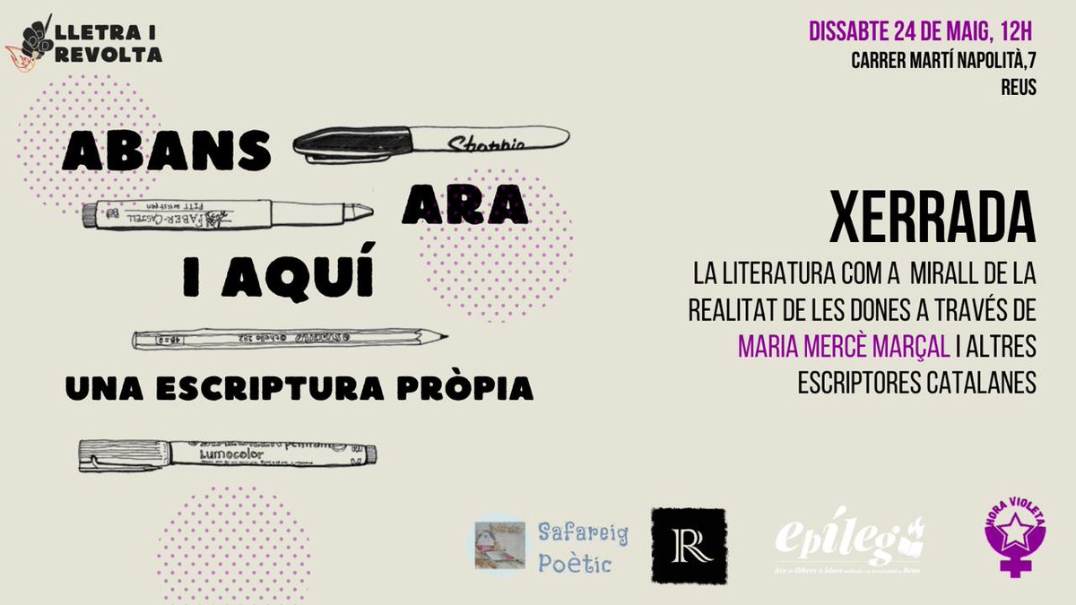 🔜I d'aquí a deu dies....

📝Abans, ara i aquí: una escriptura pròpia🪶
📖Xerrada: la literatura com a mirall de la realitat de les dones a través de #MariaMercèMarçal i altres escriptores catalanes♀️

📢Ho organitza: <a href="/LHoraVioleta/">L'Hora Violeta</a> 
📌Davant de <a href="/CasalDPF/">Casal Despertaferro!</a> <a href="/TavernaDPF/">Taverna Despertaferro</a>