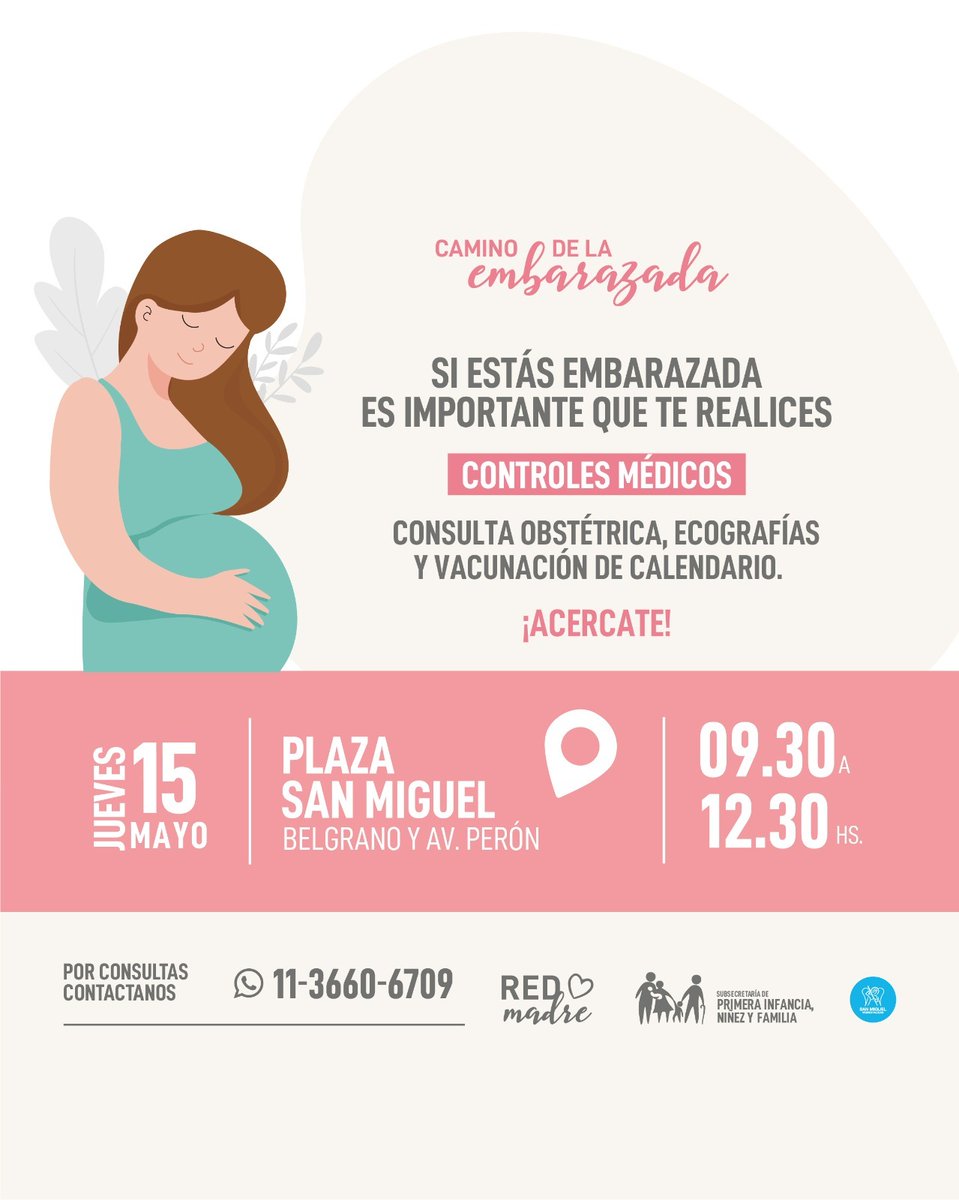 El jueves 15 de mayo realizaremos un nuevo operativo de Camino de la Embarazada en Plaza San Miguel, para que quienes lo necesiten puedan realizarse los controles debidos🤰
Mirá los detalles del operativo en la foto