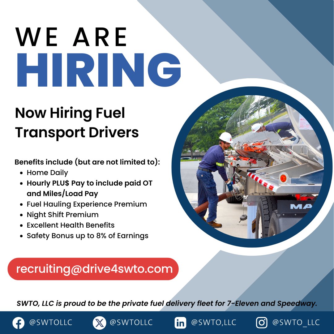 SWTO LLC (@swtollc) on Twitter photo Join a company where your contributions fuel both professional growth and community well-being. At SWTO, we’re not just transporting fuel; we’re powering opportunities, one journey at a time. Connect with our team today: recruiting@drive4swto.com
#trucking #truckdrivers #cdl Join a company where your contributions fuel both professional growth and community well-being. At SWTO, we’re not just transporting fuel; we’re powering opportunities, one journey at a time. Connect with our team today: recruiting@drive4swto.com
#trucking #truckdrivers #cdl