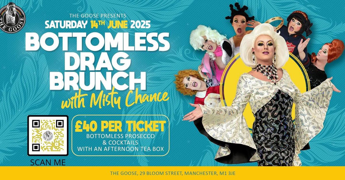 It’s Brunch time at <a href="/ThegooseBloomst/">TheOfficialGooseMCR</a> once again. SATURDAY JUNE 14th 🏳️‍🌈🏳️‍⚧️

Tickets are now available from Eventbrite. The last one sold out super early, so don’t delay 🎫
Premium drinks, fresh tea box and  comedy Drag show awaits 🤩

eventbrite.co.uk/e/136436491518…