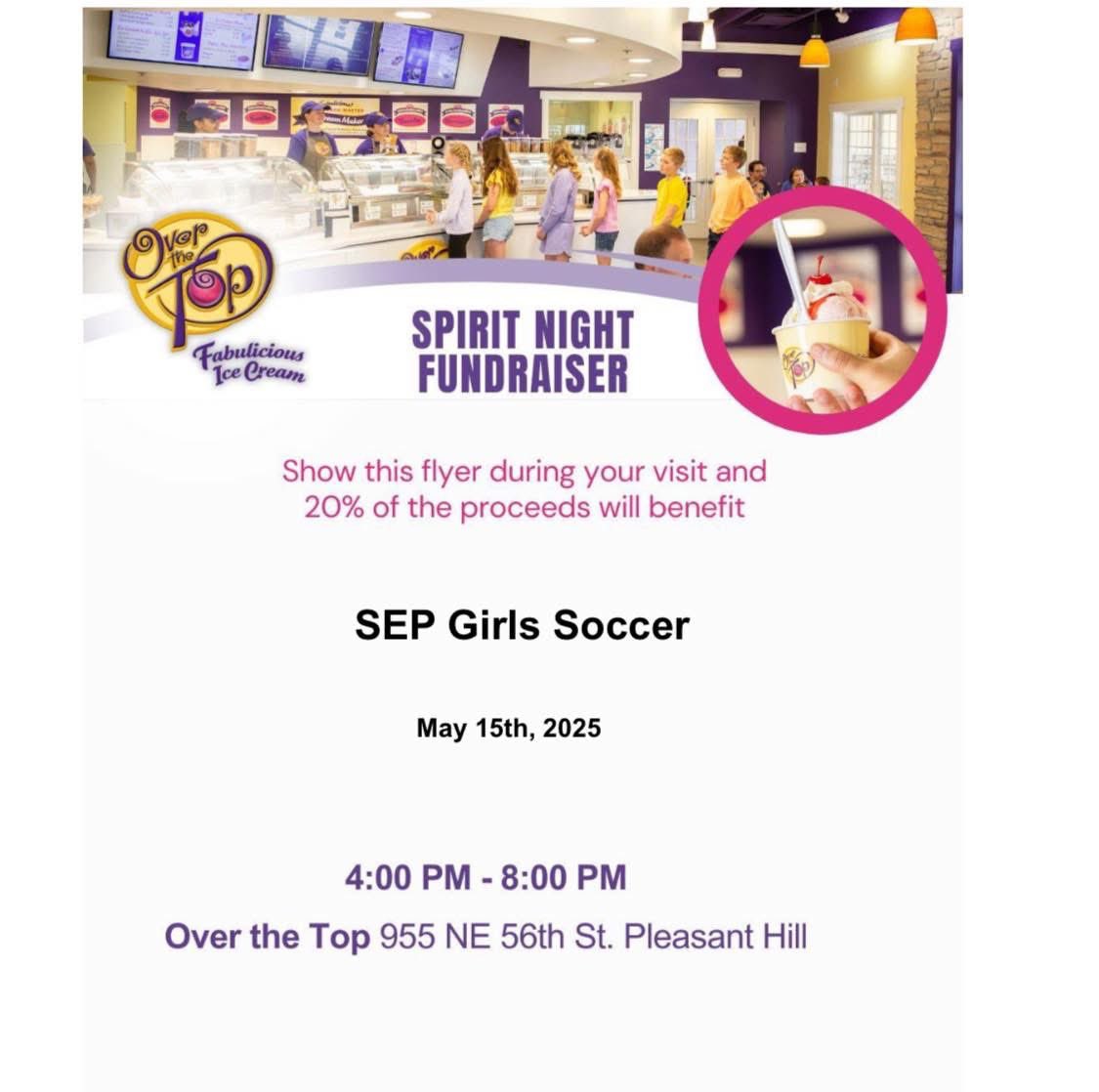 Don’t forget to go to Over The Top tomorrow between 4:00-8:00pm to support your SEP Girls Soccer program! Show this flyer and 20% of the proceeds go to our program!