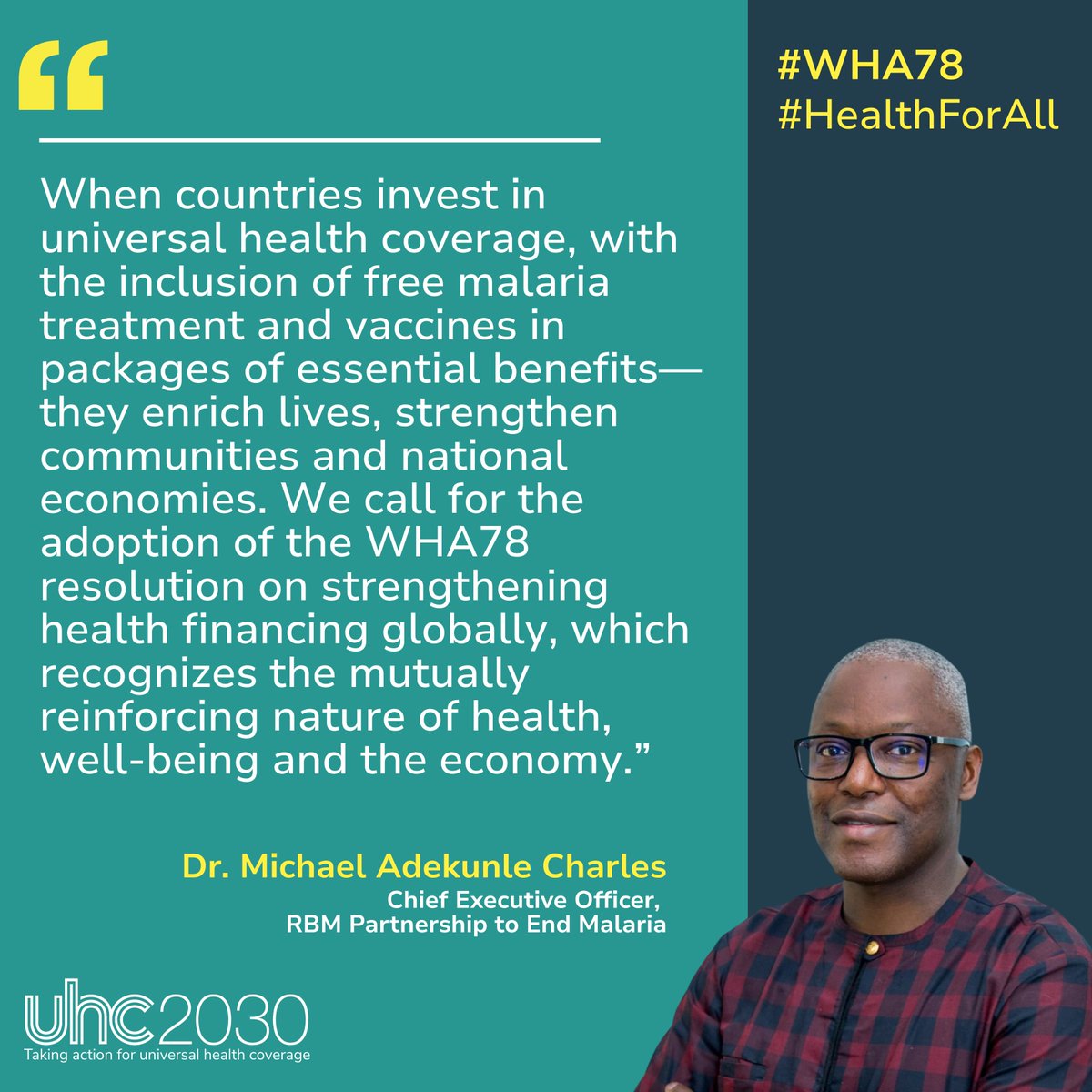 RBM Partnership (@endmalaria) on Twitter photo 💡Healthcare is a right, not a luxury. Investing in malaria prevention & treatment saves lives and strengthens economies🌍. Our CEO, Dr. Michael Adekunle Charles (<a href="/DekunleCharles/">Dr Michael Charles</a>) urges leaders to adopt the #WHA78 resolution for more inclusive health systems.
<a href="/UHC2030/">UHC2030</a> <a href="/CSOs4UHC/">CSEM (UHC2030 Civil Society Engagement Mechanism)</a> 💡Healthcare is a right, not a luxury. Investing in malaria prevention & treatment saves lives and strengthens economies🌍. Our CEO, Dr. Michael Adekunle Charles (<a href="/DekunleCharles/">Dr Michael Charles</a>) urges leaders to adopt the #WHA78 resolution for more inclusive health systems.
<a href="/UHC2030/">UHC2030</a> <a href="/CSOs4UHC/">CSEM (UHC2030 Civil Society Engagement Mechanism)</a>