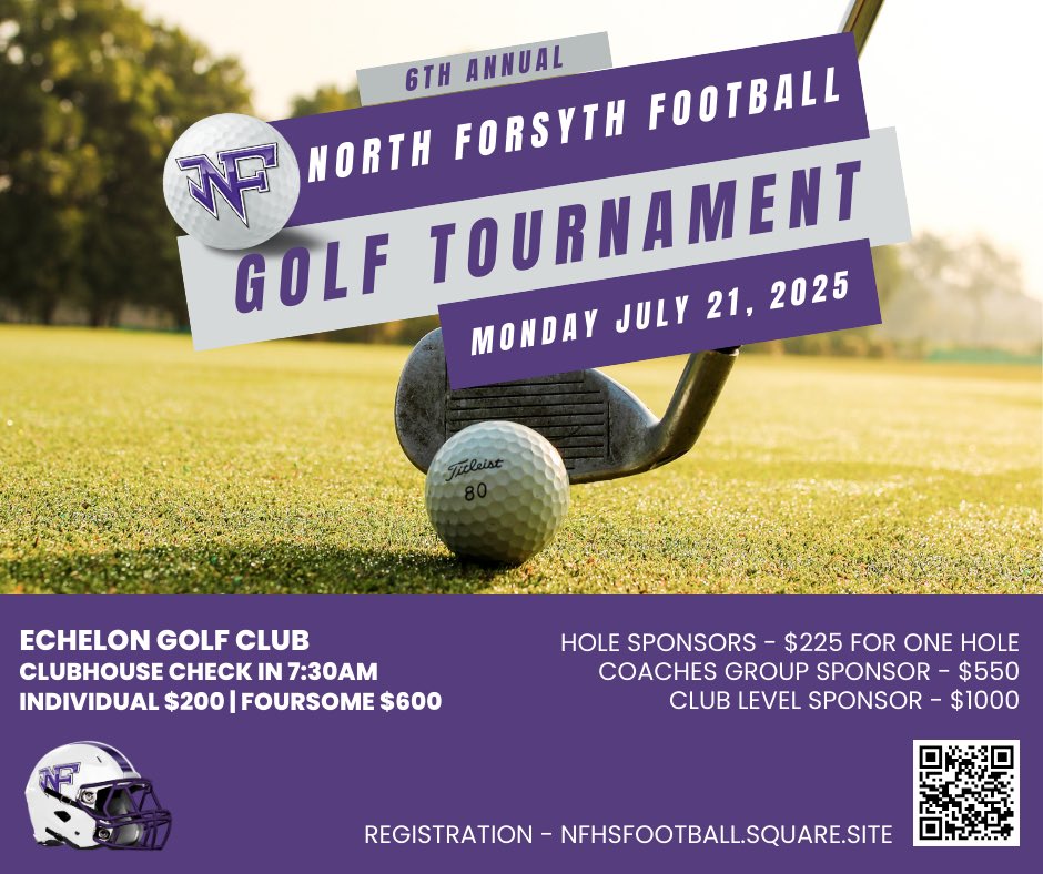 Annual North Forsyth Football Golf Tournament registration is now open. Thank you for your support!