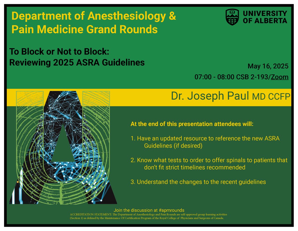 UAlberta Anesthesia (@ualbertaanesth) on Twitter photo Please plan to join us this Friday May 16th for Anesthesiology & Pain Medicine Grand Rounds. Dr. Joseph Paul will be presenting "To Block or Not To Block: Reviewing 2025 ASRA Guidelines" <a href="/UAlberta_FoMD/">UAlberta Med & Dent</a> Please plan to join us this Friday May 16th for Anesthesiology & Pain Medicine Grand Rounds. Dr. Joseph Paul will be presenting "To Block or Not To Block: Reviewing 2025 ASRA Guidelines" <a href="/UAlberta_FoMD/">UAlberta Med & Dent</a>