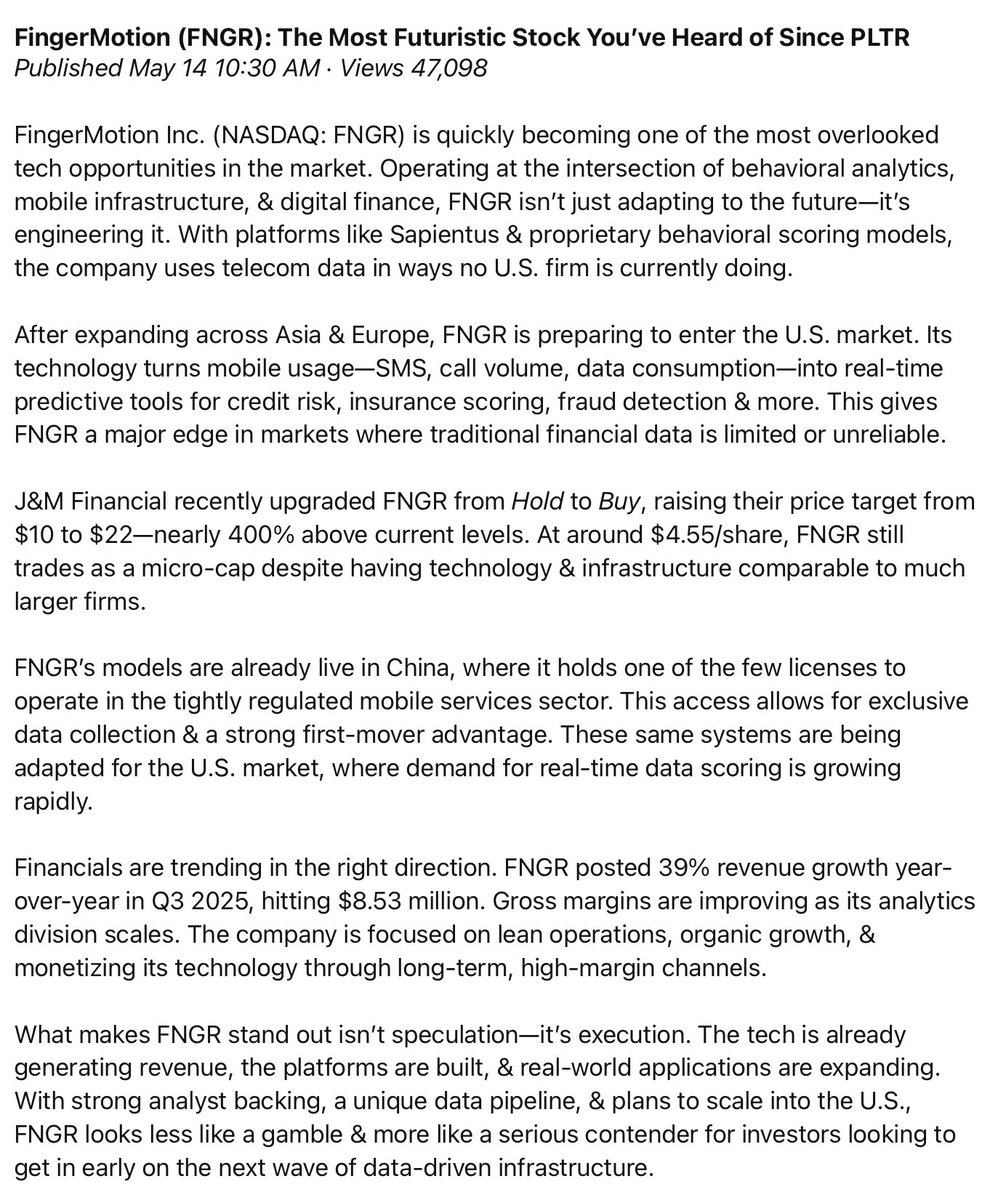 Big news for $FNGR!

Protections of $10-$22 EVEN WITHOUT A SQUEEZE

Folks I see a winner