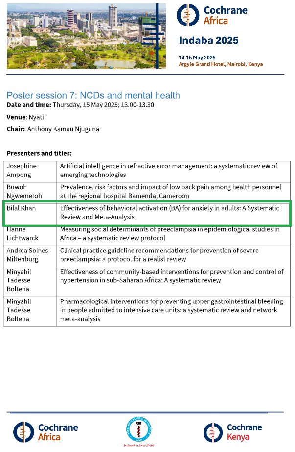 Bilal Ahmad Khan (@bahmad953) on Twitter photo Honored that our systematic review on "Effectiveness of behavioral activation (BA) for #anxiety in adults" was selected for the #NCDs and #mentalhealth #poster session at #CochraneIndaba2025 in #Kenya. Proud to contribute to #EvidenceBased #HealthResearch #Globally.
<a href="/KEMRI_Kenya/">Kenya Medical Research Institute</a> Honored that our systematic review on "Effectiveness of behavioral activation (BA) for #anxiety in adults" was selected for the #NCDs and #mentalhealth #poster session at #CochraneIndaba2025 in #Kenya. Proud to contribute to #EvidenceBased #HealthResearch #Globally.
<a href="/KEMRI_Kenya/">Kenya Medical Research Institute</a>