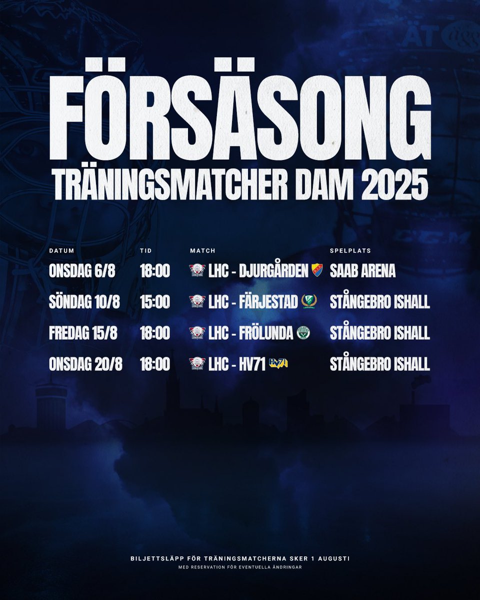 Nu är träningsmatcherna för herr- och damlaget spikade!

Boka in samtliga datum redan nu 🫵

ℹ️ Med reservation för eventuella ändringar. Biljettsläpp till matcherna i Saab Arena/Stångebro sker 1 augusti

🔗 Läs mer här: lhc.eu/article/8epasw…