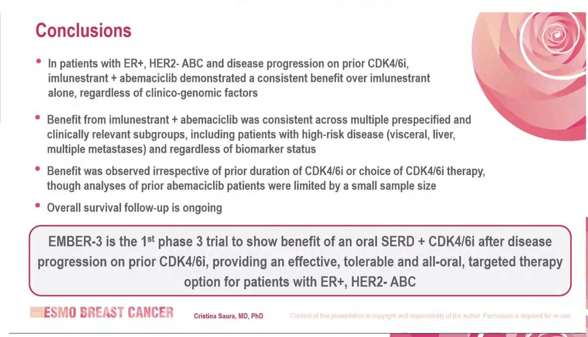 Philippe Aftimos, MD (@aftimosp) on Twitter photo At the proffered papers session 1, <a href="/CristinaSaura3/">Cristina Saura</a> presents subgroup analyses from the EMBER-3:
✅ Imlunestrant + Abemaciclib consistently improves median PFS vs Imlunestrant monotherapy in the subgroup of patients pretreated with CDK4/6i
#ESMOBreast25 #ESMOAmbassadors <a href="/myESMO/">ESMO - Eur. Oncology</a> At the proffered papers session 1, <a href="/CristinaSaura3/">Cristina Saura</a> presents subgroup analyses from the EMBER-3:
✅ Imlunestrant + Abemaciclib consistently improves median PFS vs Imlunestrant monotherapy in the subgroup of patients pretreated with CDK4/6i
#ESMOBreast25 #ESMOAmbassadors <a href="/myESMO/">ESMO - Eur. Oncology</a>