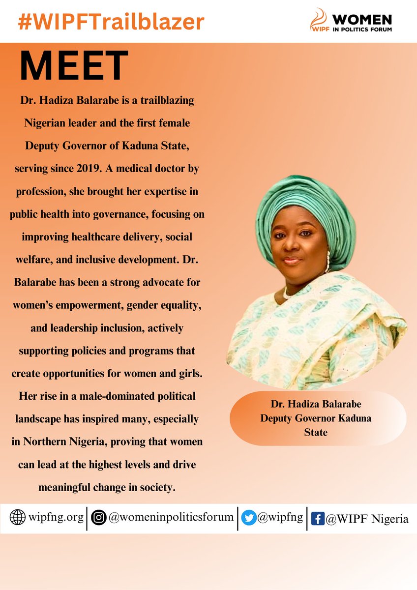 Women in Politics Forum (@wipfng) on Twitter photo MEET THE TRAILBLAZER!
A woman setting the pace in advancing women's representation <a href="/DrHadiza/">Dr. Hadiza Sabuwa Balarabe</a>.
Let's celebrate the remarkable achievements of an incredible woman.
<a href="/PLACNG/">PLAC</a>
<a href="/UN_Women/">UN Women</a>
<a href="/WADEMOSnetwork/">WADEMOS Network</a>
<a href="/WDNNigeria/">WDN-Nigeria</a>
<a href="/womenfundng/">Nigerian Women Trust Fund</a>
<a href="/ActionAidNG/">ActionAid Nigeria</a>
<a href="/FIDANigeria/">FIDA Nigeria</a>
<a href="/CDDWestAfrica/">CDD West Africa</a>
<a href="/WRAPANG/">WRAPA Nigeria</a> MEET THE TRAILBLAZER!
A woman setting the pace in advancing women's representation <a href="/DrHadiza/">Dr. Hadiza Sabuwa Balarabe</a>.
Let's celebrate the remarkable achievements of an incredible woman.
<a href="/PLACNG/">PLAC</a>
<a href="/UN_Women/">UN Women</a>
<a href="/WADEMOSnetwork/">WADEMOS Network</a>
<a href="/WDNNigeria/">WDN-Nigeria</a>
<a href="/womenfundng/">Nigerian Women Trust Fund</a>
<a href="/ActionAidNG/">ActionAid Nigeria</a>
<a href="/FIDANigeria/">FIDA Nigeria</a>
<a href="/CDDWestAfrica/">CDD West Africa</a>
<a href="/WRAPANG/">WRAPA Nigeria</a>